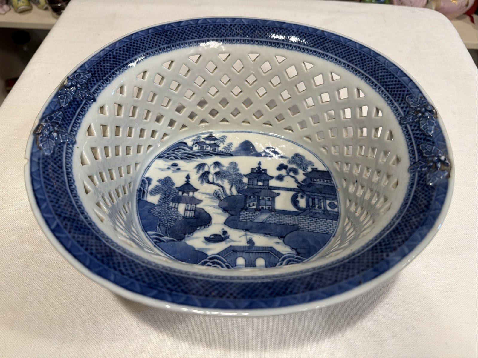 Rare Reticulated Canton Blue and White Chestnut Bowl Antique Transferware