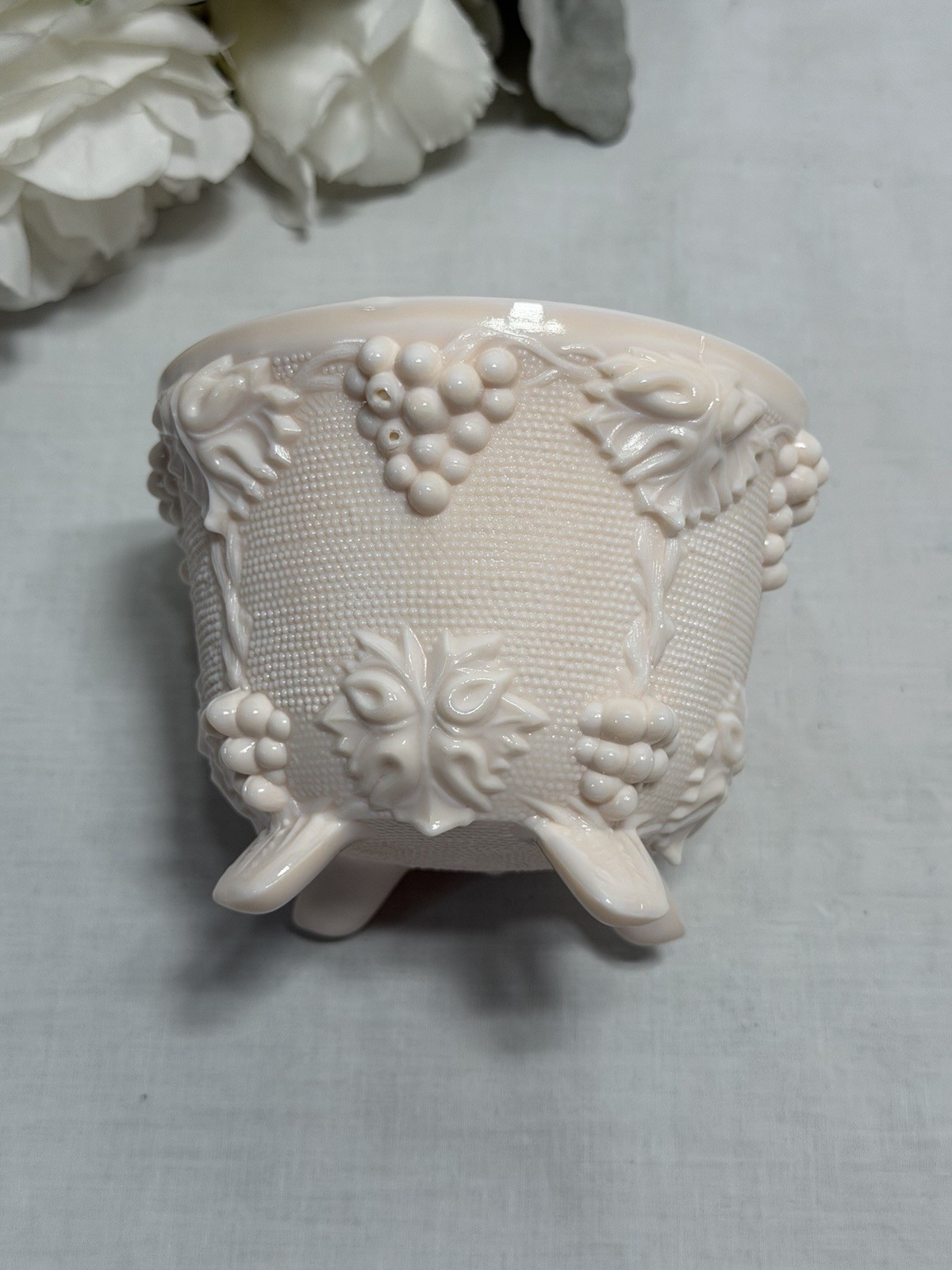 Vintage Jeannette Shell Pink Milk Glass Footed Candy Dish Grape & Vines 3.5” T