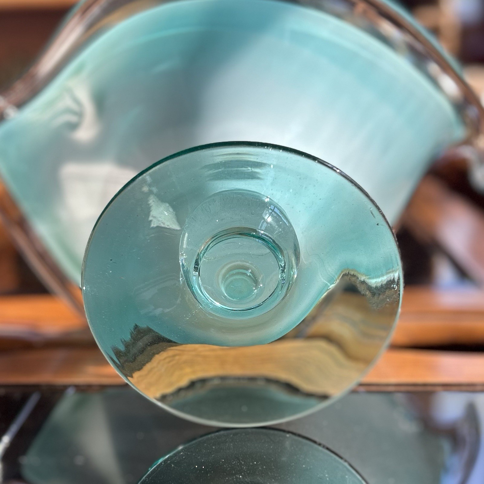 Murano Sommerso Art Glass Pedestal Bowl Blue White Green Swirl 10 in x 8 in
