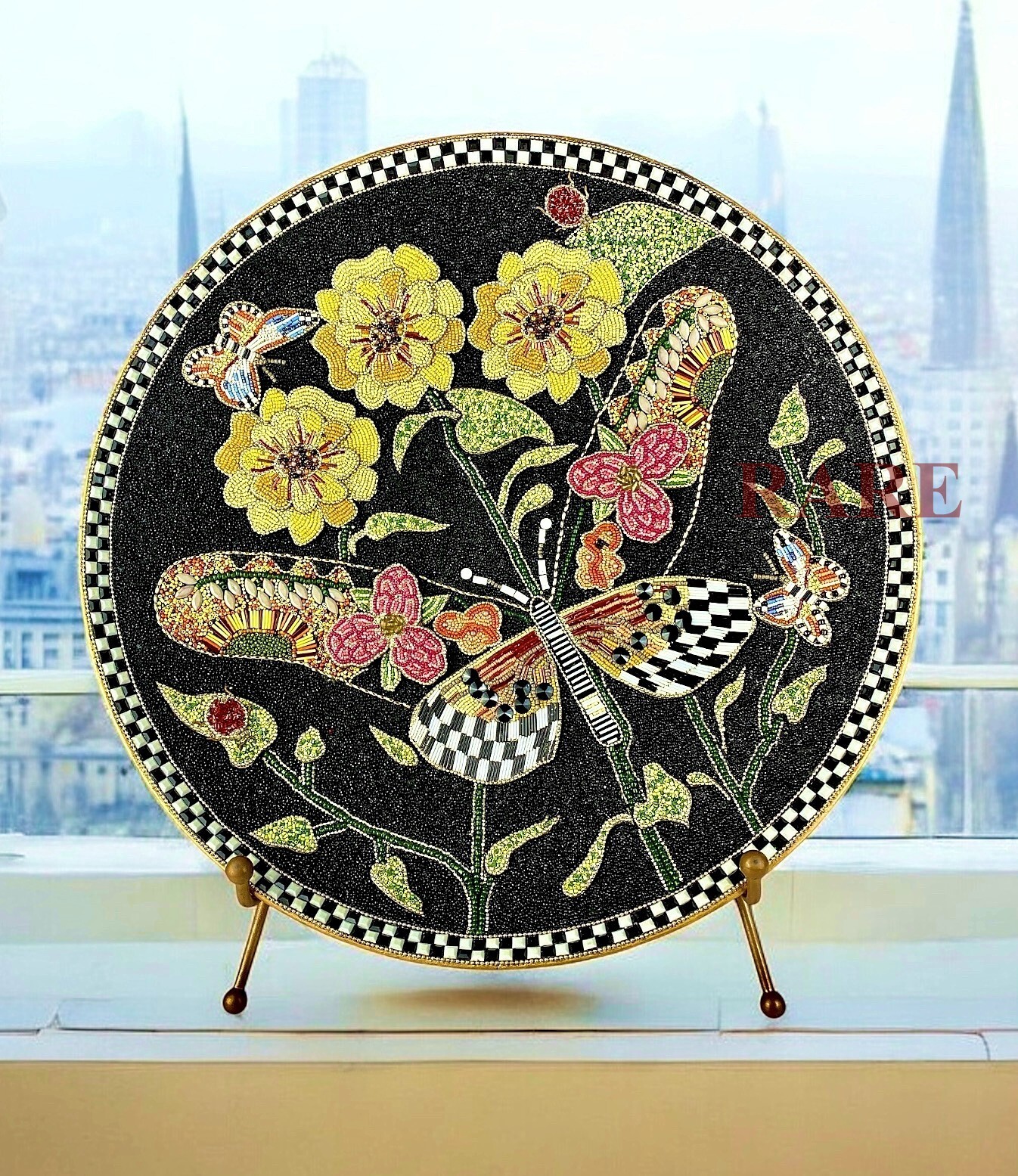MacKenzie Childs Courtly Check Butterfly Bloom Décor 20.5″ Dia Tray New No Box
