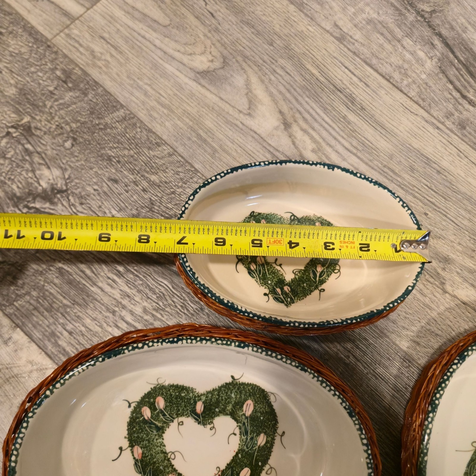 Vintage Stoneware Dishes bowls w/ wicker baskets Mossy Heart Floral art Nesting