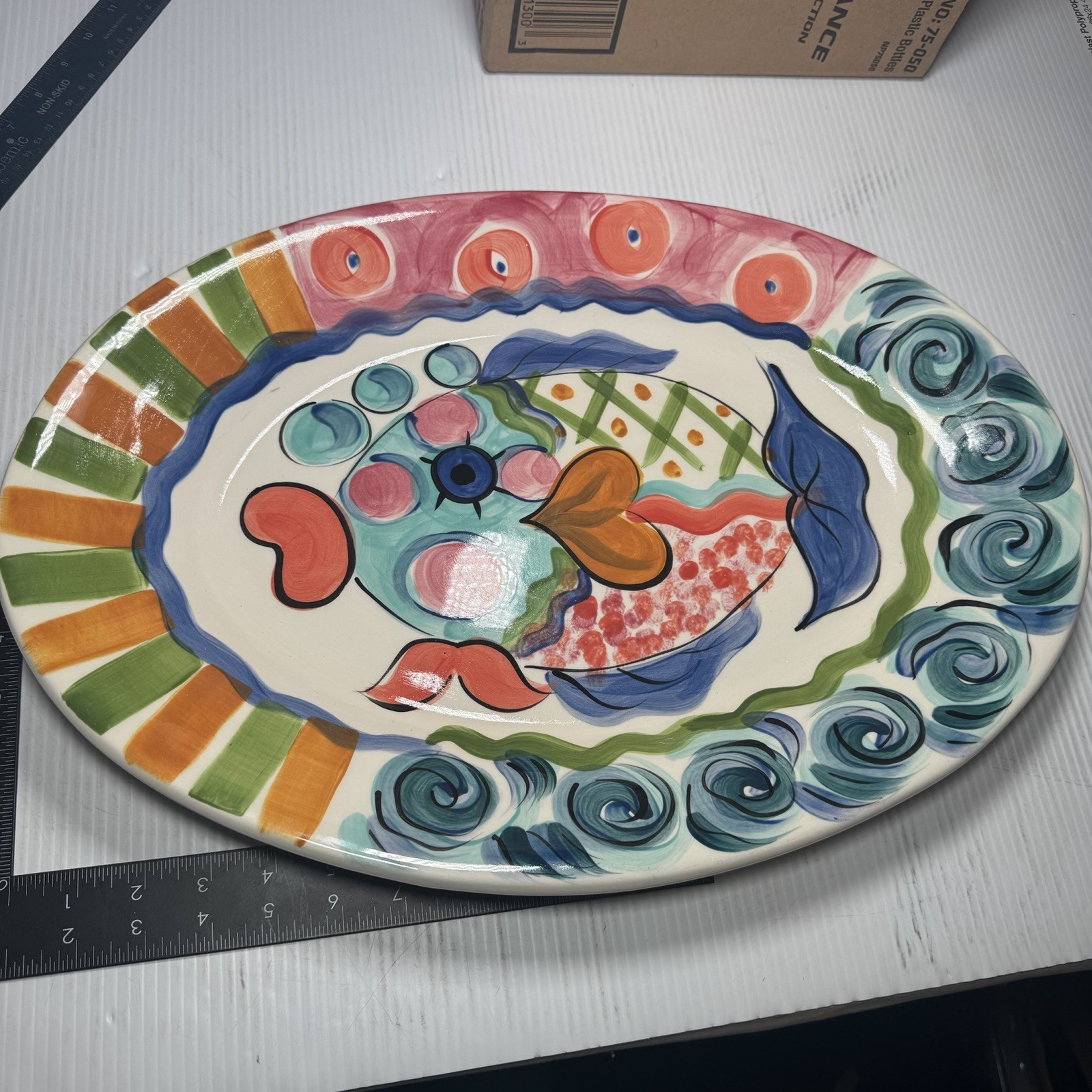 Vicki Carroll Pottery Signed 1994 SPLISH SPLASH 12″ Oval Serving Platter Fish