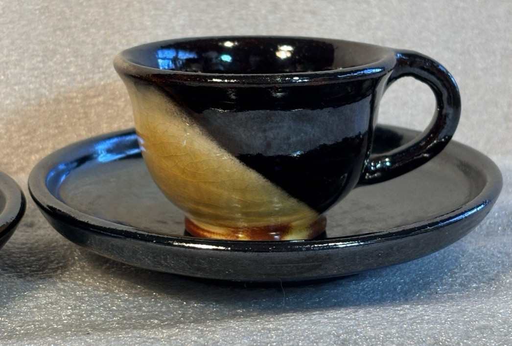 Studio Ceramic Pottery 2 cups & 2 Saucers Hand-Made Black Brown Yellow
