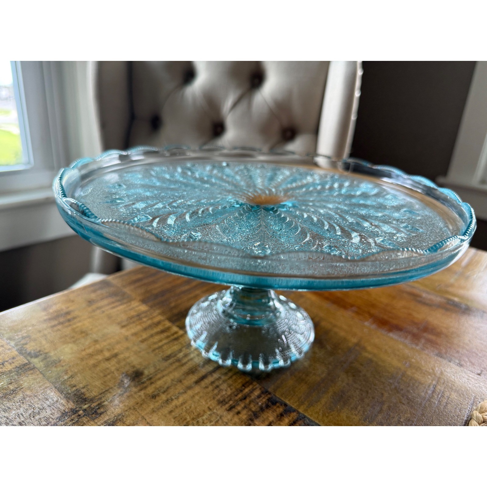 Jeannette Glass Feather Pattern Cake Stand Ice Blue Excellent 50s Vintage