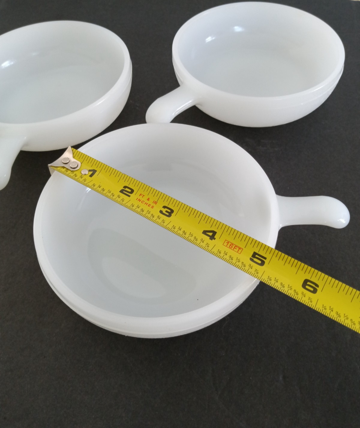 Vintage Glasbake Soup Bowls White Milk Glass Handled Crocks 5” USA Set of 3