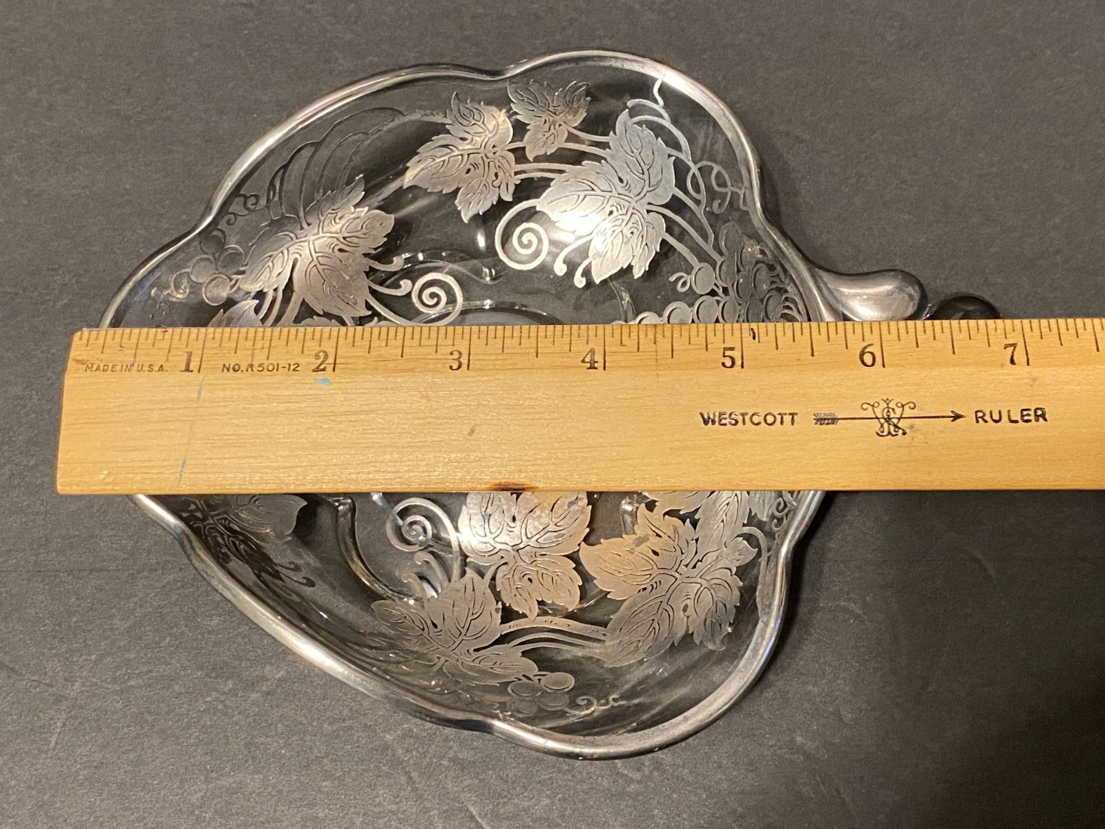 Vintage Silver Overlay Glass Candy Nut Dish Grape Vines Leaves Grapes