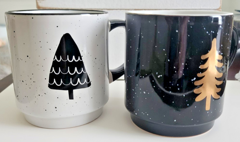 Frankie Grey Stoneware Mug Set Tree Design Black/White 2 Mugs – 4 In x 3.5 In