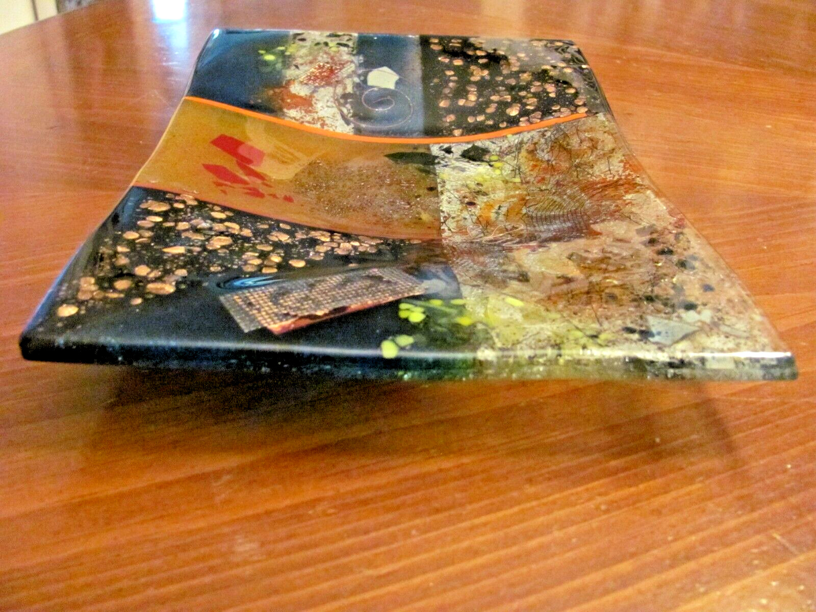 STUNNING FUSED DICHROTIC ART GLASS ABSTRACT RECTANGULAR SERVING TRAY DISH 12″X8″