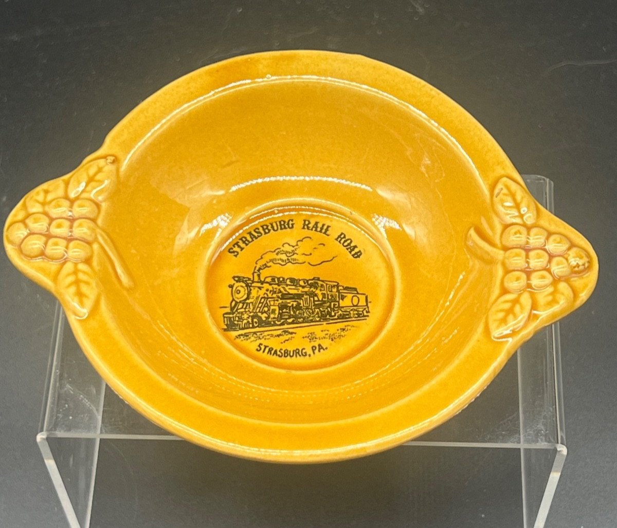Mini Yellow Glazed Pottery Creamer Pitcher Saucer Strasburg PA Railroad Souvenir