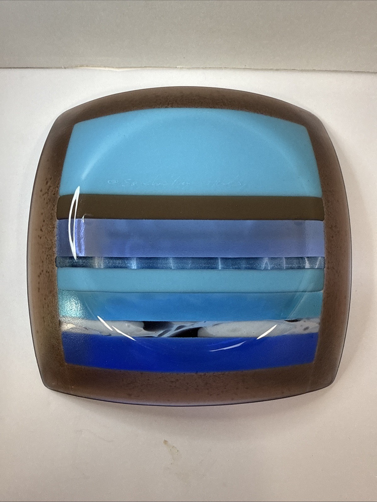 Fused Dichroic Studio Art Glass Square Trinket Dish Contemporary Signed 6.5”