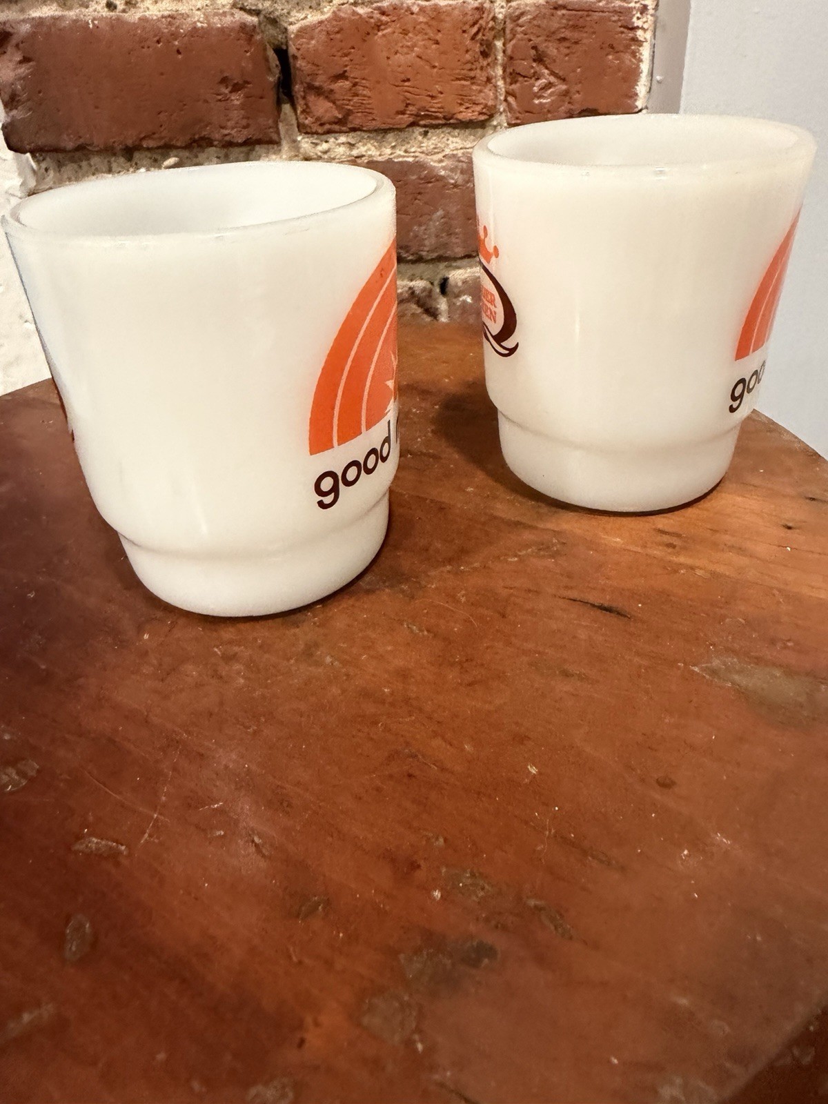 Lot of 2 Vtg Fire King Burger Queen Good Morning Milk Glass Stacking Mugs HTF