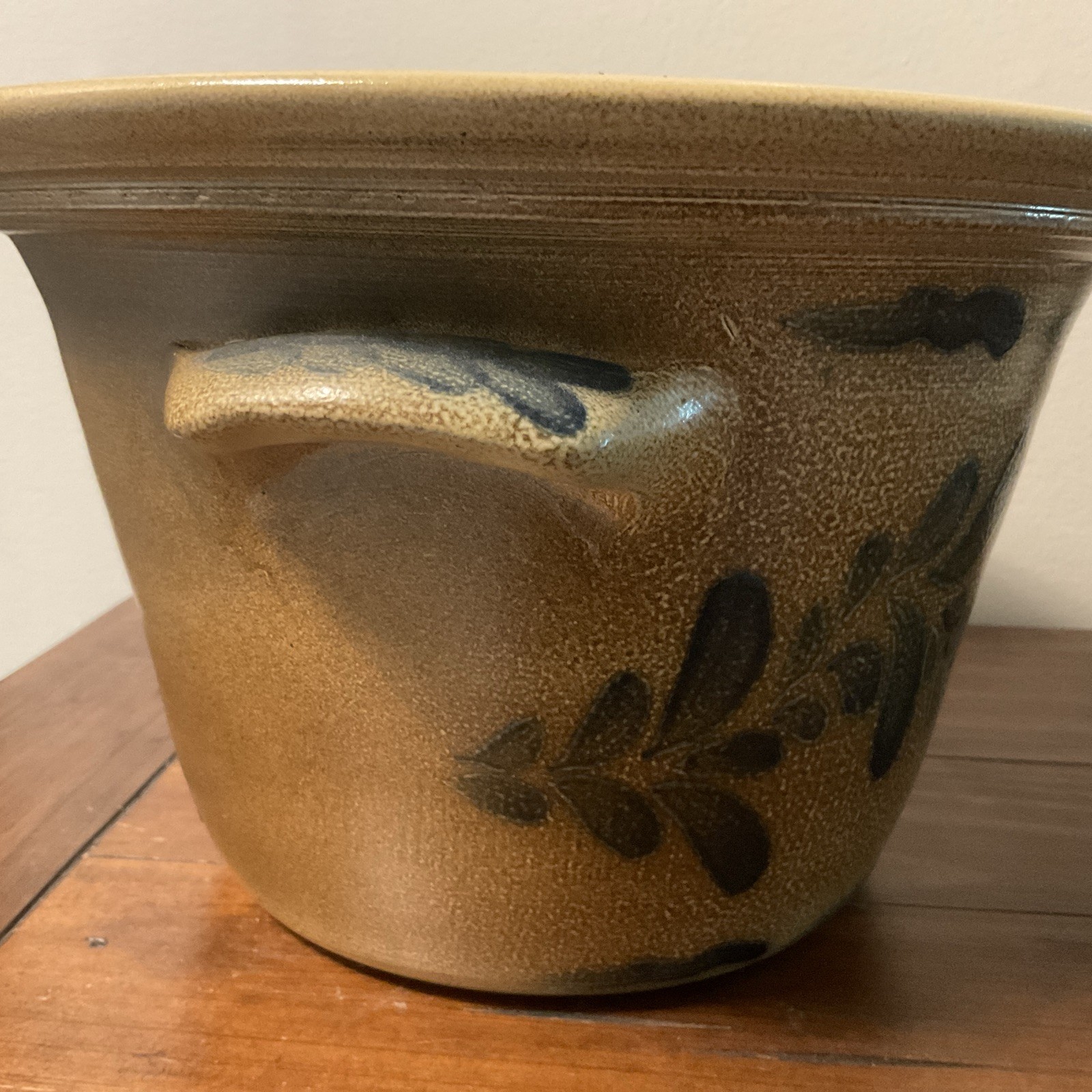 Maple City Pottery Crock Bowl Cobalt Hand Painted Design 7 X11 1/2