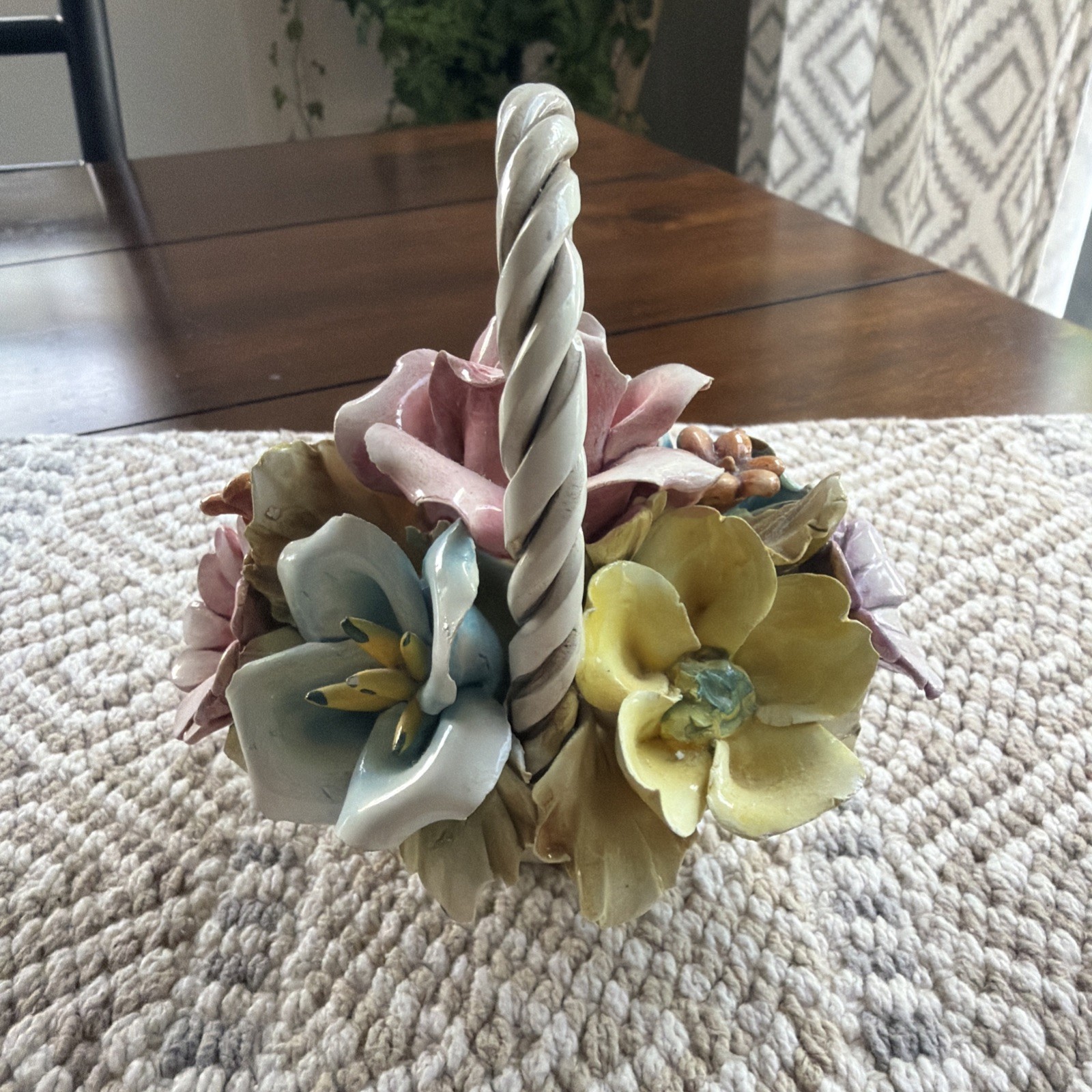 Vintage Italian Capodimonte Basket of Assorted Colorful Flowers Small Chip