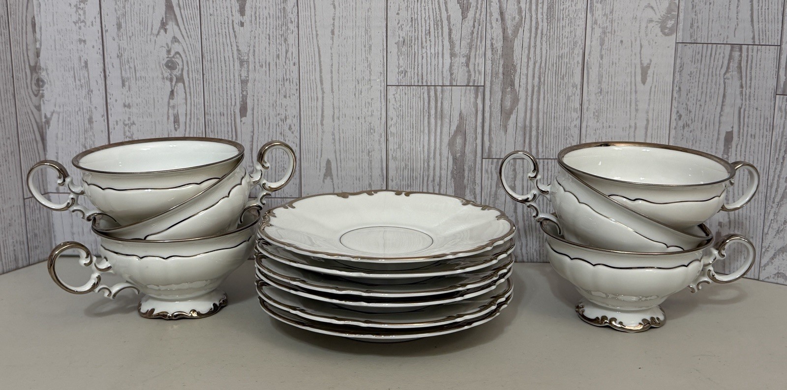 VINTAGE SET OF 6 HUTSCHENREUTHER REVERE SYLVIA CUPS & SAUCERS SILVER PLATINUM
