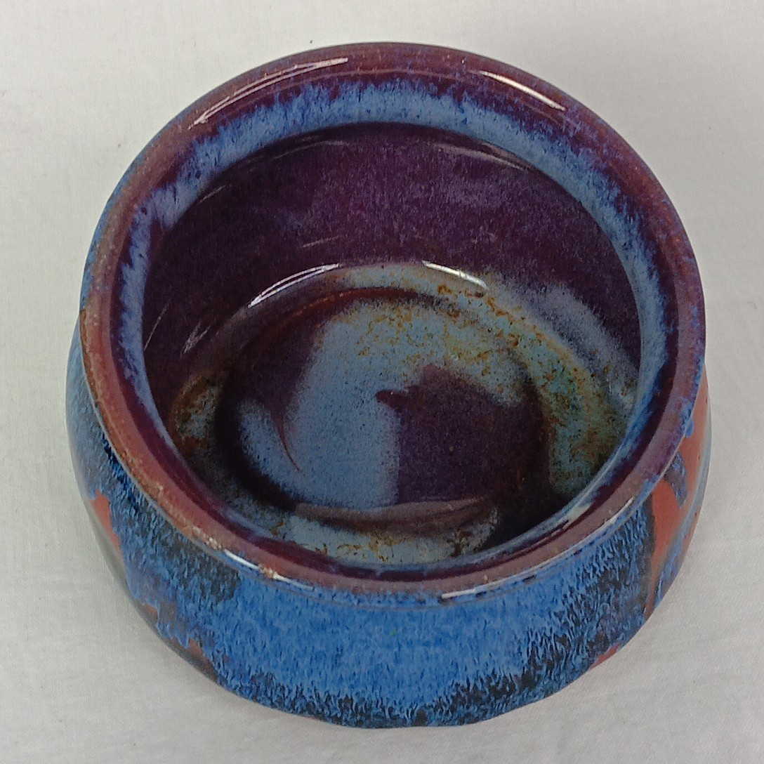 Art Pottery Studio Handcrafted Bowl Red Clay Blue Brown Glaze Slanted Angled