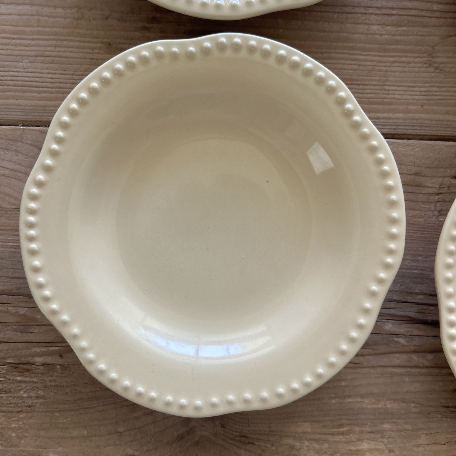 Lot Of 3 Pottery Barn Emma Beaded Stoneware 8 3/4” Plates Scalloped Rim Yellow