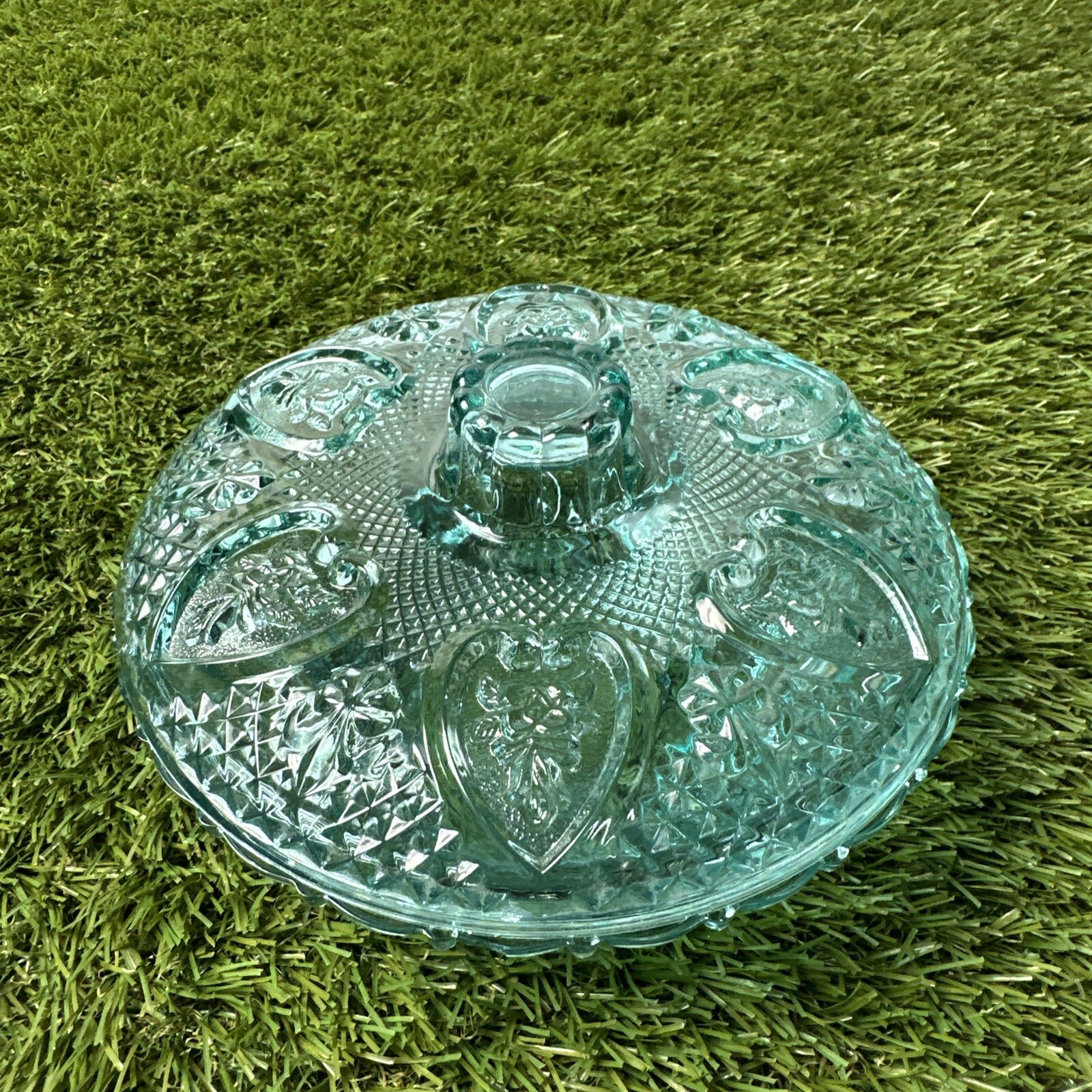 KIG Indonesia Turquoise Blue Candy Dish Pressed Beaded Glass Vintage MCM Roses
