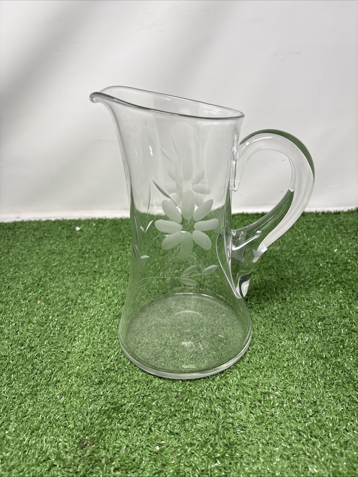 Vintage Crystal Glass Pitcher With Etched Flowers 9in Tall Thick Handle