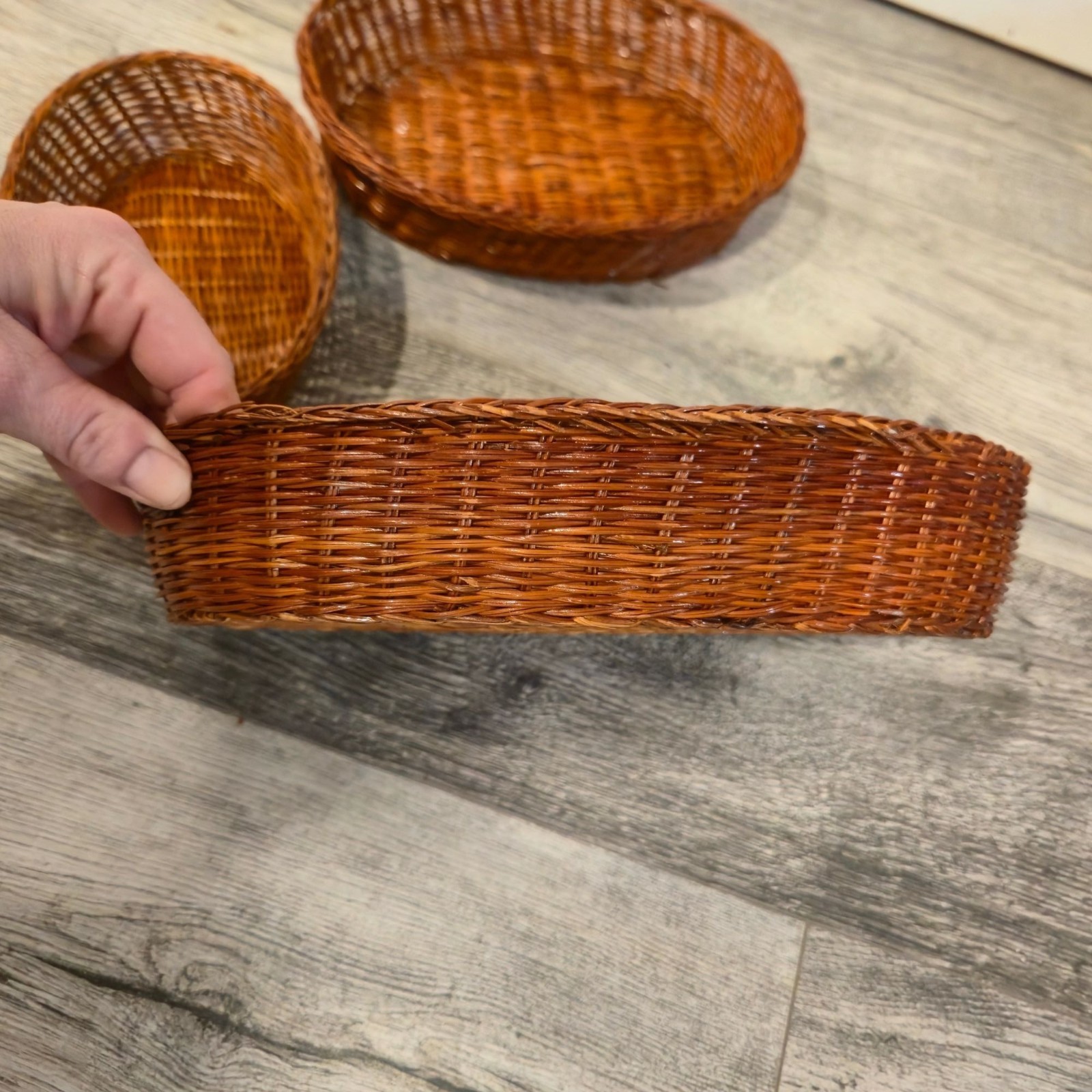 Vintage Stoneware Dishes bowls w/ wicker baskets Mossy Heart Floral art Nesting