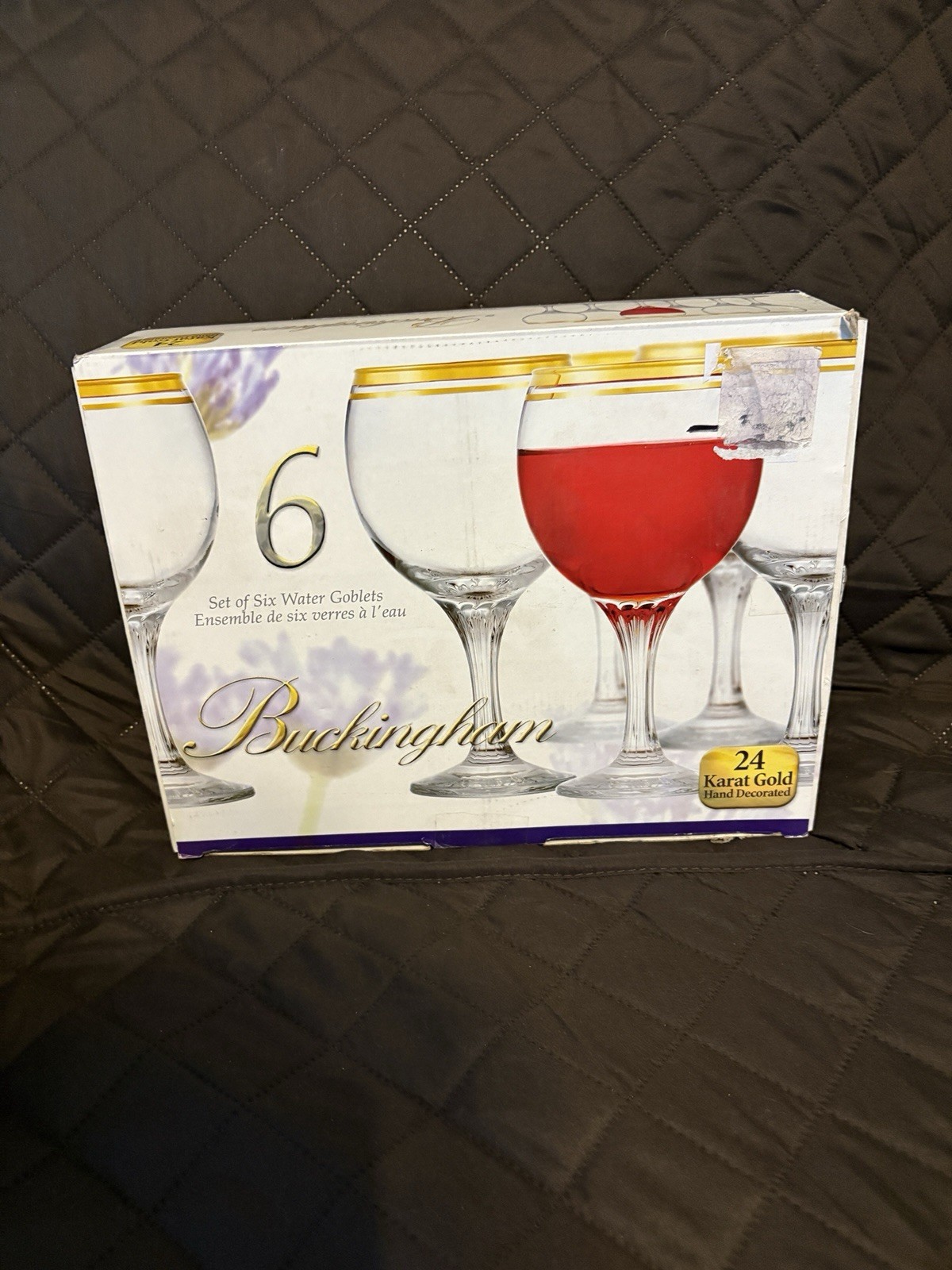 Set Of 6 9 Oz Buckingham Goblets New in Box 24 Karat Gold Trim Hand Decorated
