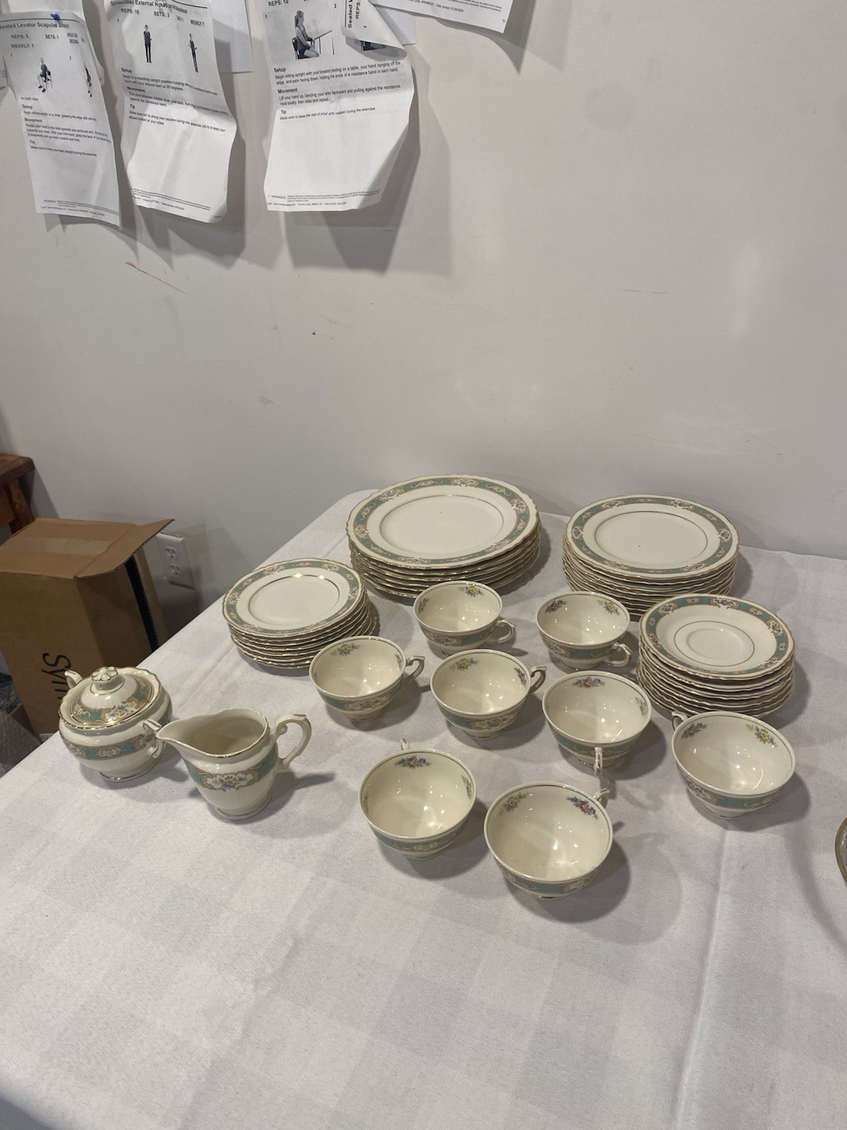 Vintage China Set.White, Green & Gold Pattern. 6-8 Place Setting Raleigh Pattern