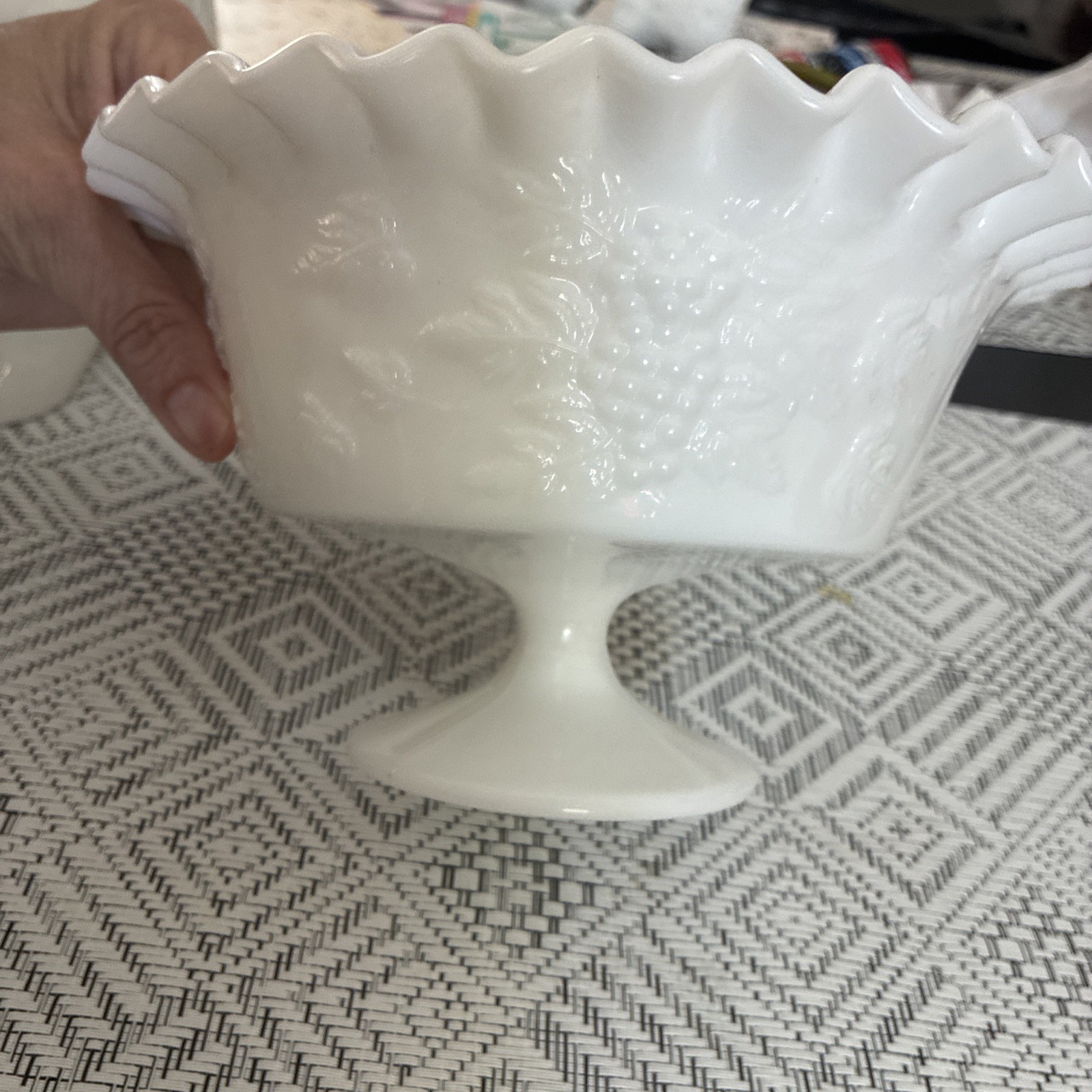 Ruffled Edge Milk glass Pedestal Fruit Bowl 8”