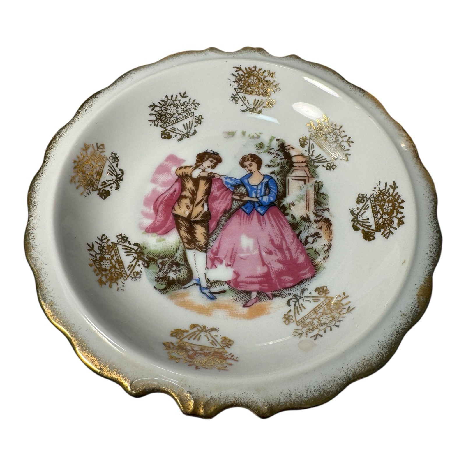 Vintage Japan Creamer and Saucer Courting Couple Victorian Scene Gold Gilt