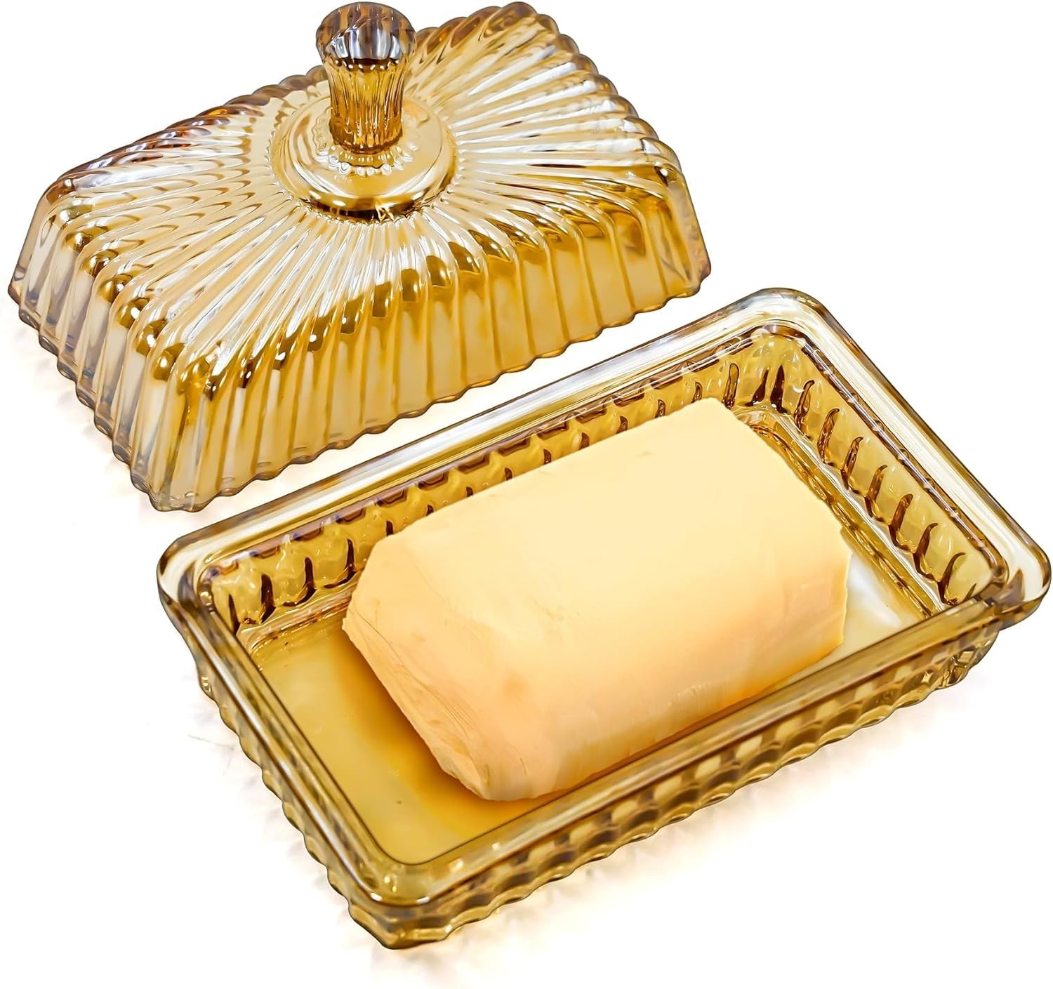 Champagne Color Glass Butter Dish with Lid or Countertop and Refrigerator,Cry…