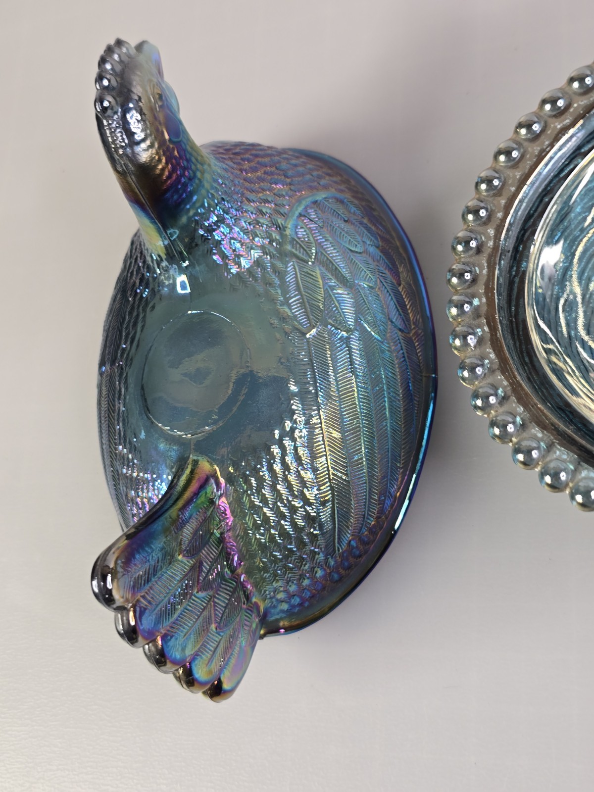 VTG Indiana Glass Iridescent Carnival Blue Hen On Nest Covered Candy Dish 7″ !!!