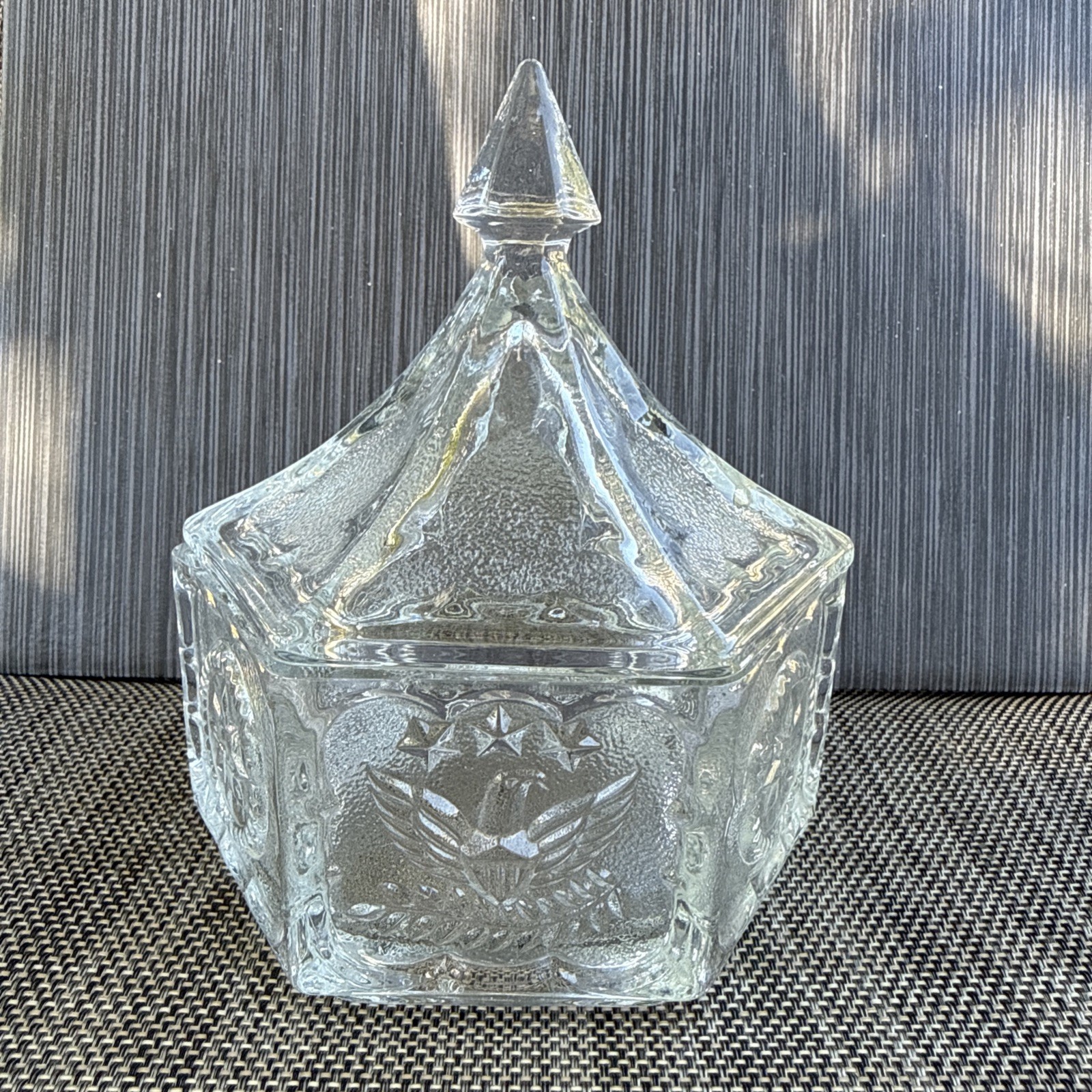 Vntg Glass Candy Dish w/ Lid American Eagle Star Hexagon 6″ Tall