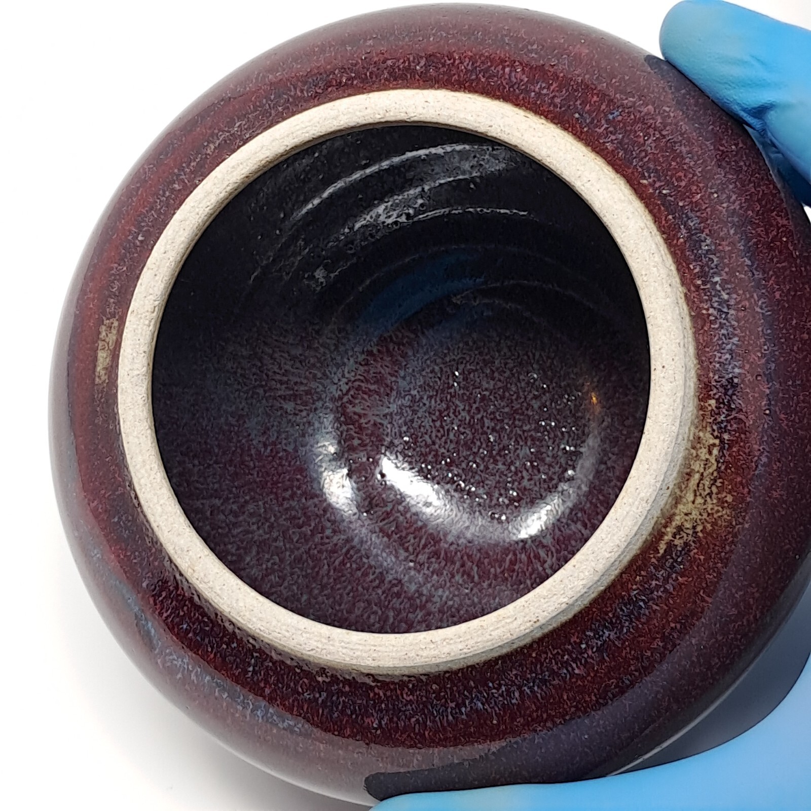 Stoneware Pottery Jar w/ Lid onion shape Deep Red w/ Blue signed