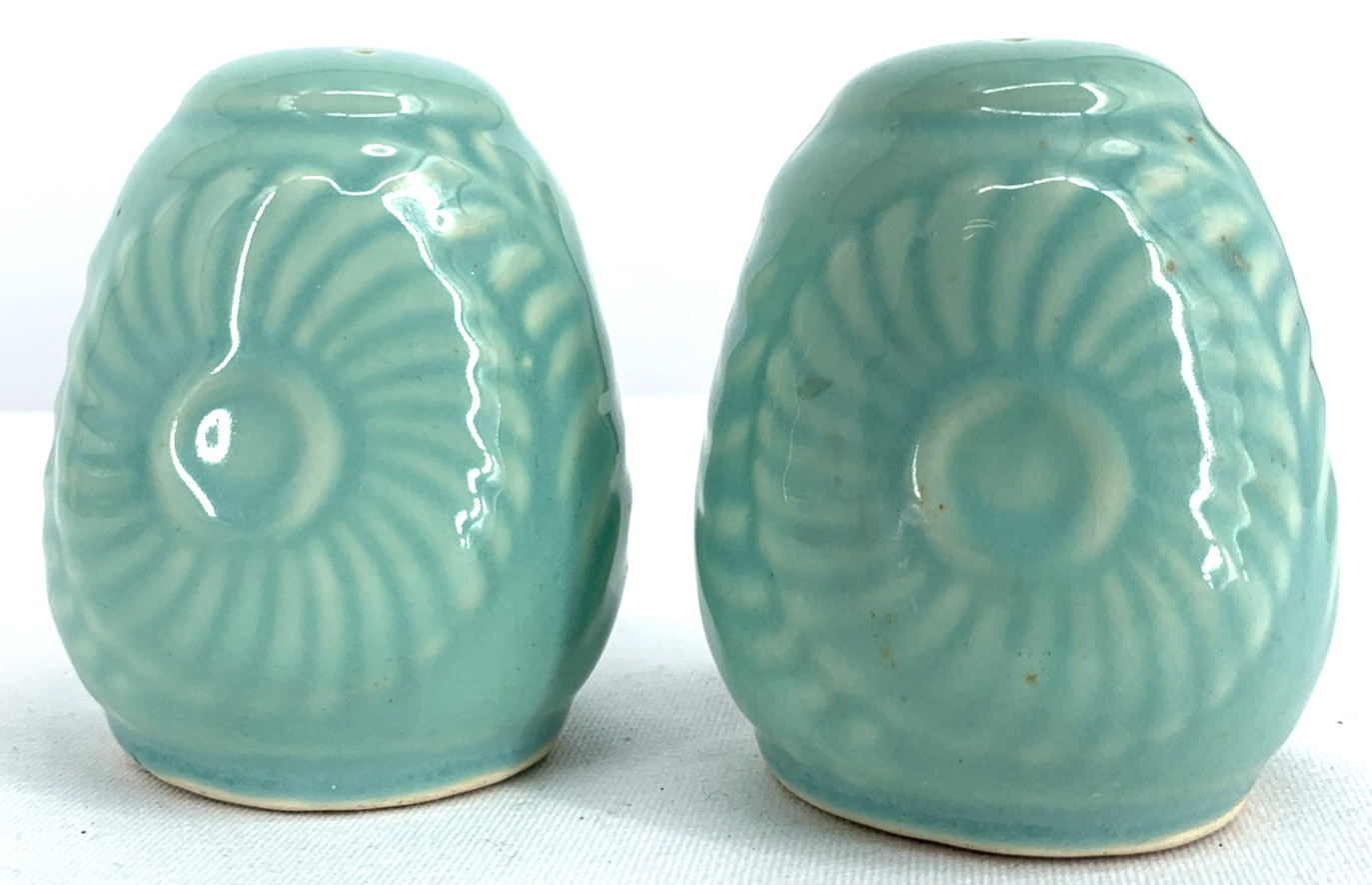 Shawnee Pottery Salt Pepper Shakers Aqua Blue Turquoise Flower Fern 3” Embossed