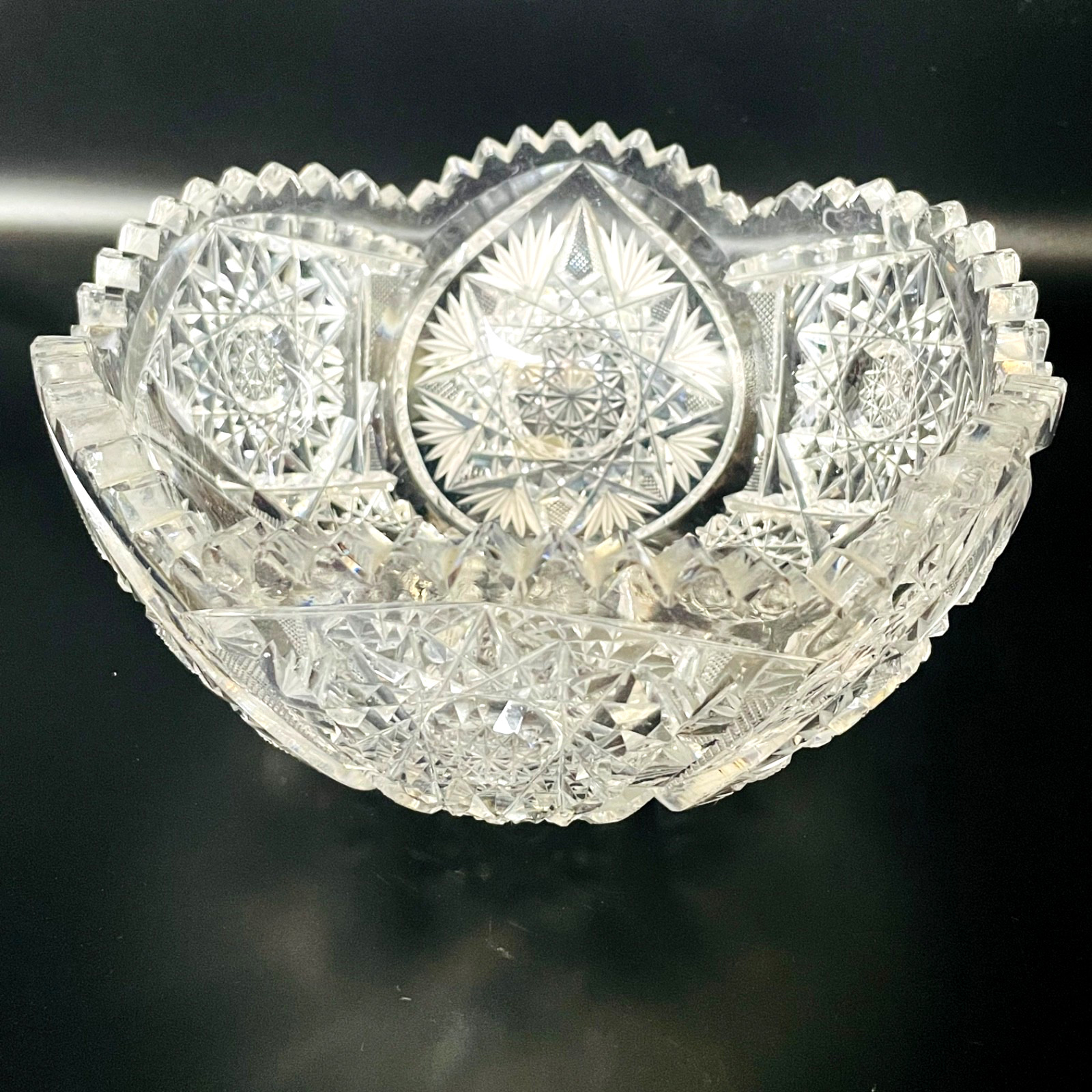 American Brilliant Cut Antique Sawtooth Scalloped Edge Lead Glass Star Bowl 8”