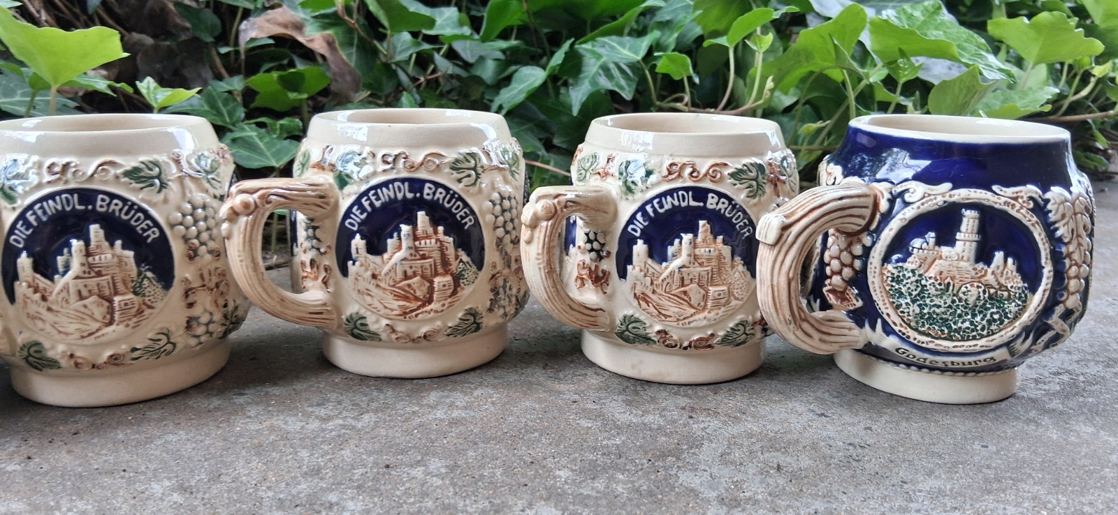 5 German Stoneware Mugs By Marzi & Remy “2835” 2 Cobalt Blue & 3 Cream Mugs