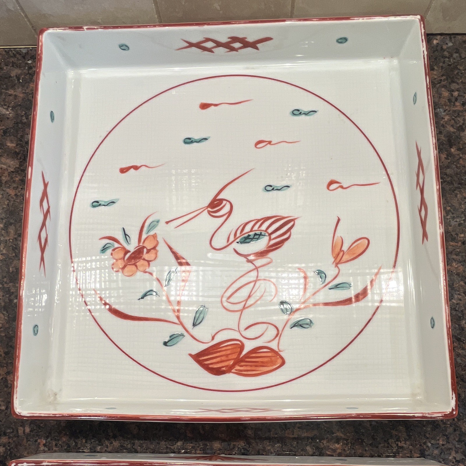 RARE Tiffany & Co 11″ Japanese Serving Tray Square Red Crane Flower Porcelain