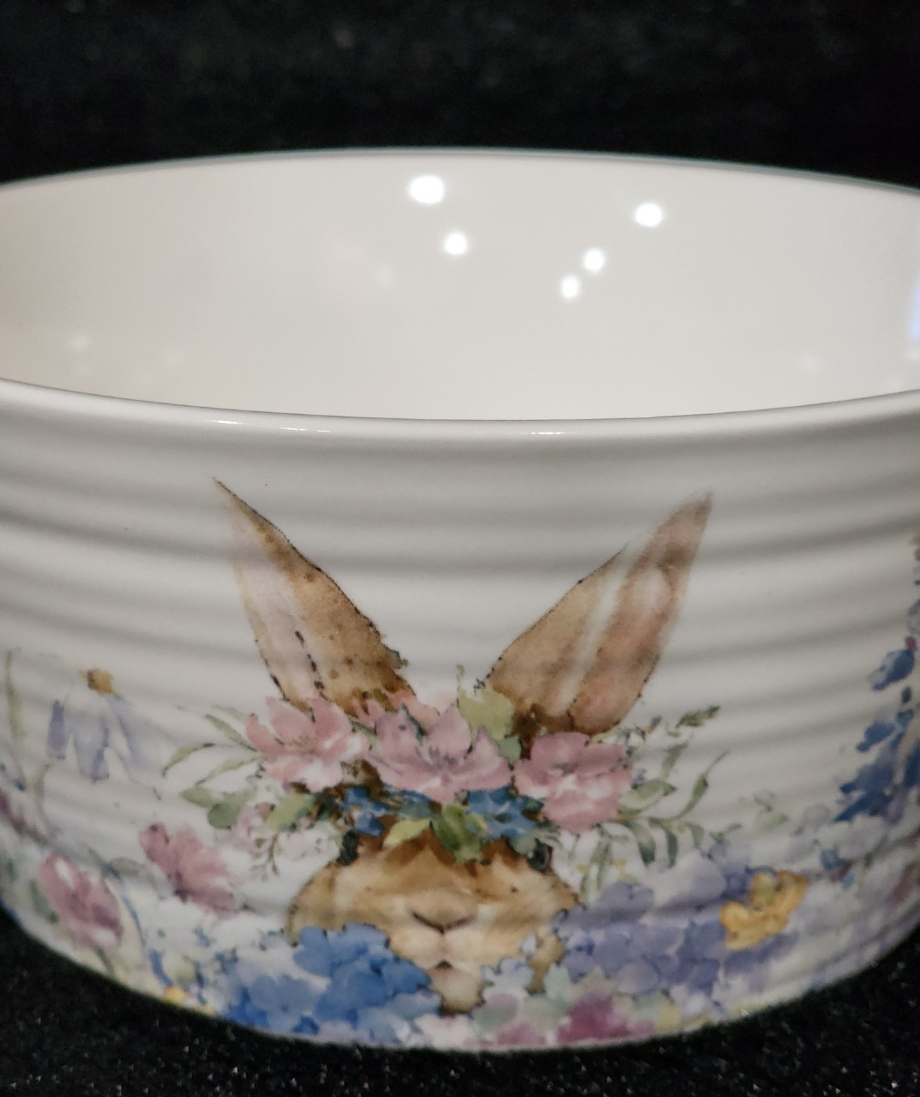 4 Watercolor Peeking Bunny & Flowers Cereal Bowls 6″ Ceramic Easter Flower Crown