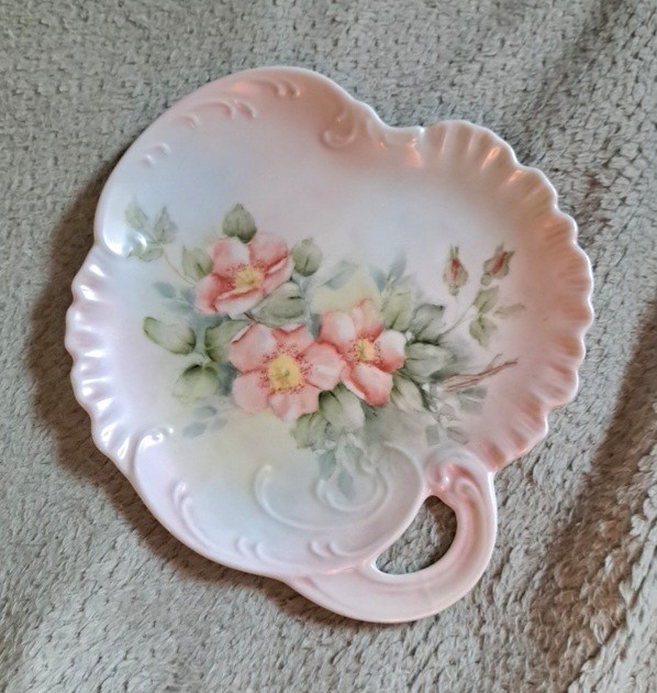 Vintage Hand Painted Porcelain Scalloped Floral Dish signed 1994