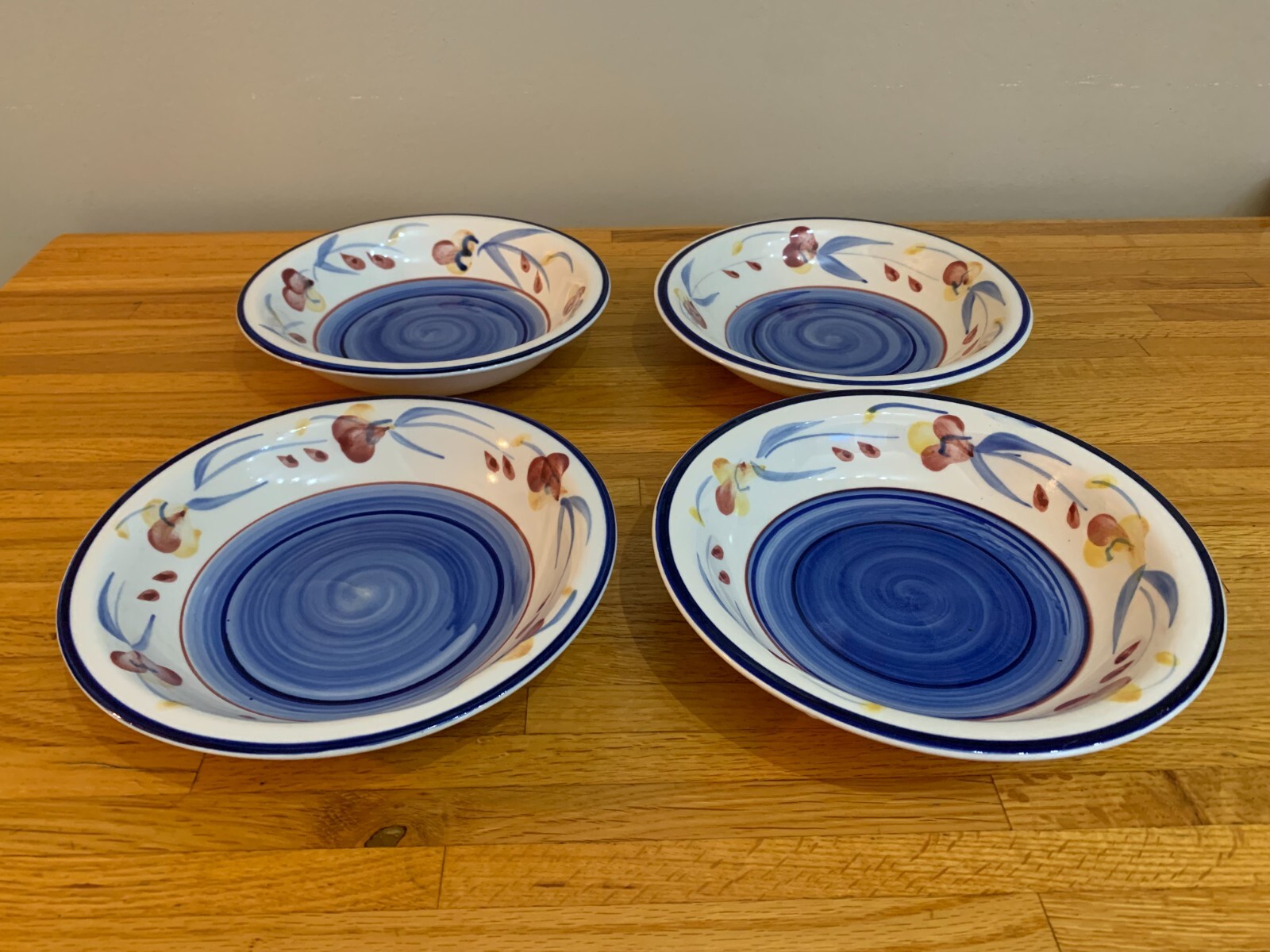 Bowls 4 China Stoneware 8.25″ Round Dinner Bowls Blue Swirl Fruit and Leaves MCM