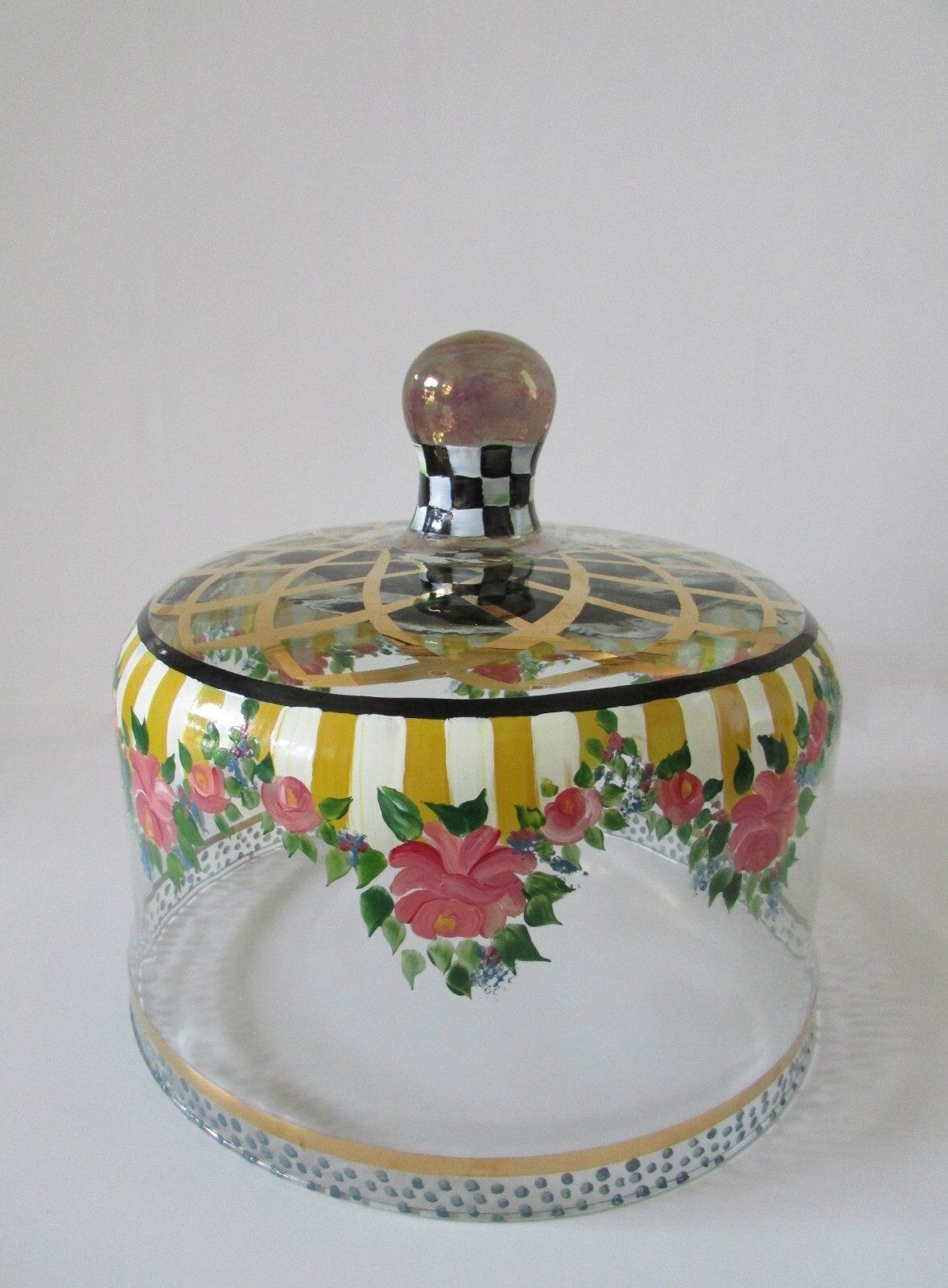 VTG Mackenzie Childs Courtly Check Circus Glass Cake Dome & Underplate