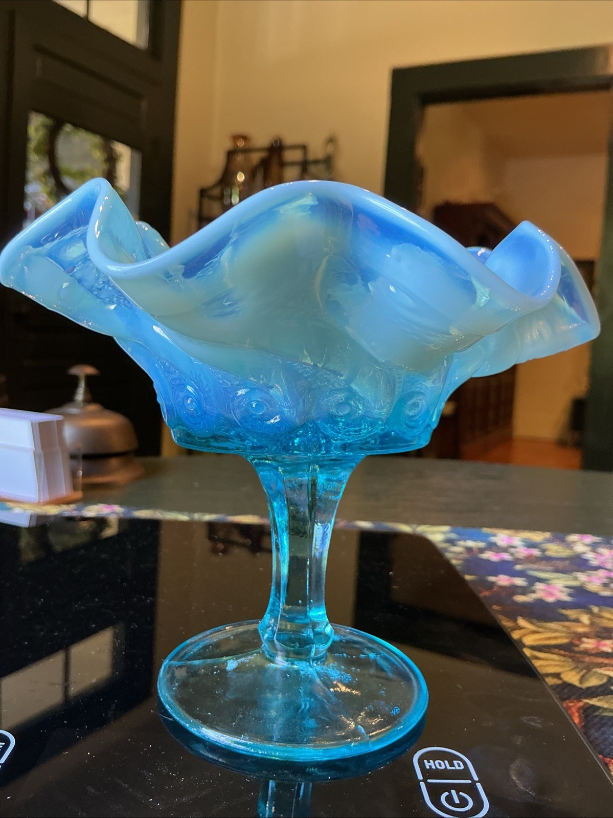 Scarce 5.5” Antique Dugan Blue Opalescent Constellation Glass Compote