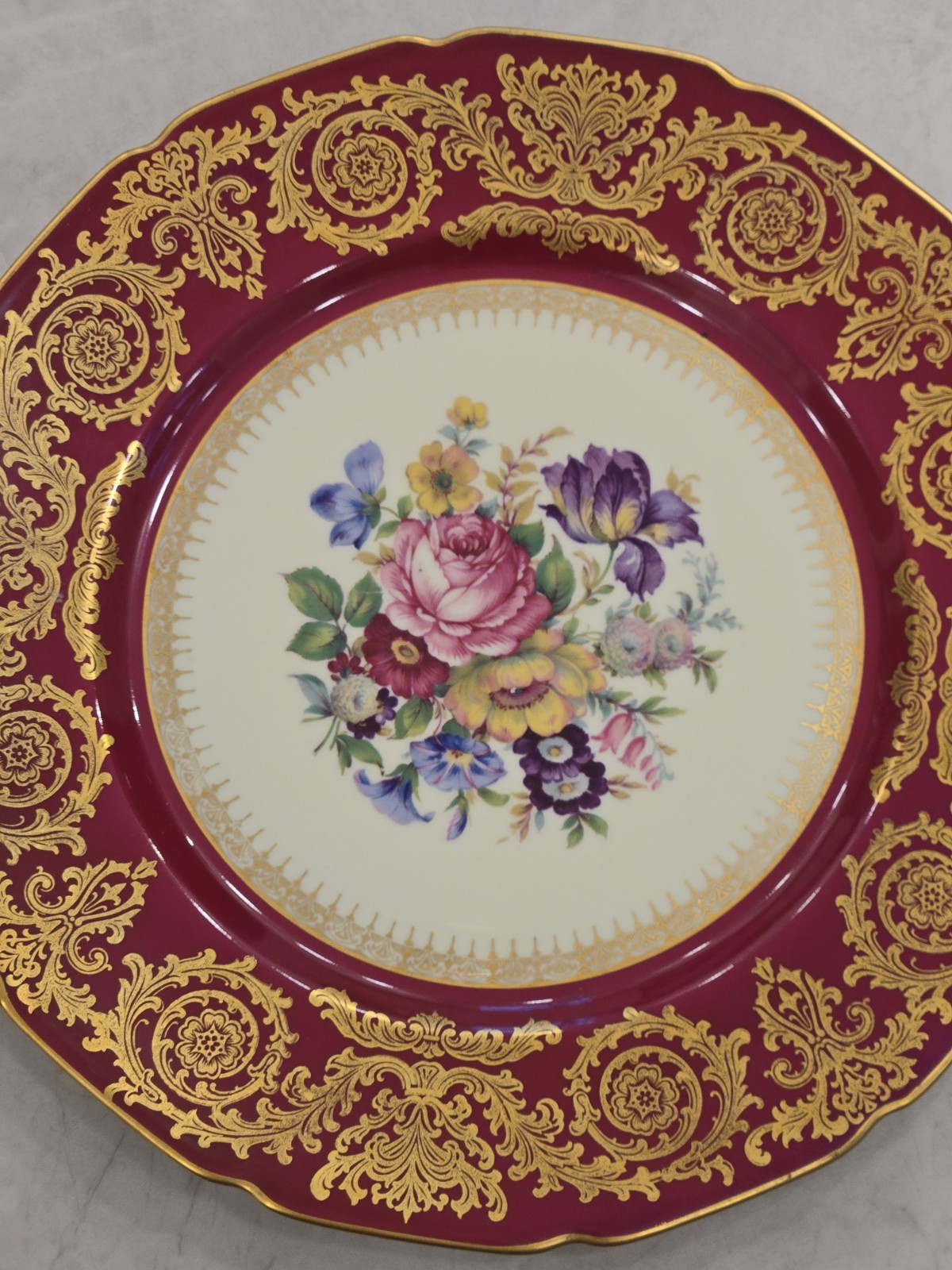 6 Rosenthal Ivory China 10.5″ Plates Maroon Gold Border Floral Center Scalloped