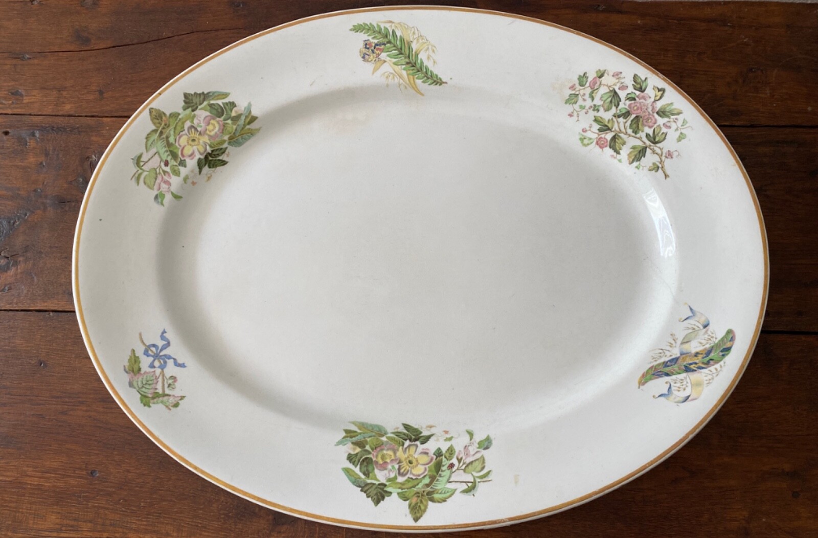 1880’s Aesthetic Movement Very Large Platter White with Florals, Insects Designs