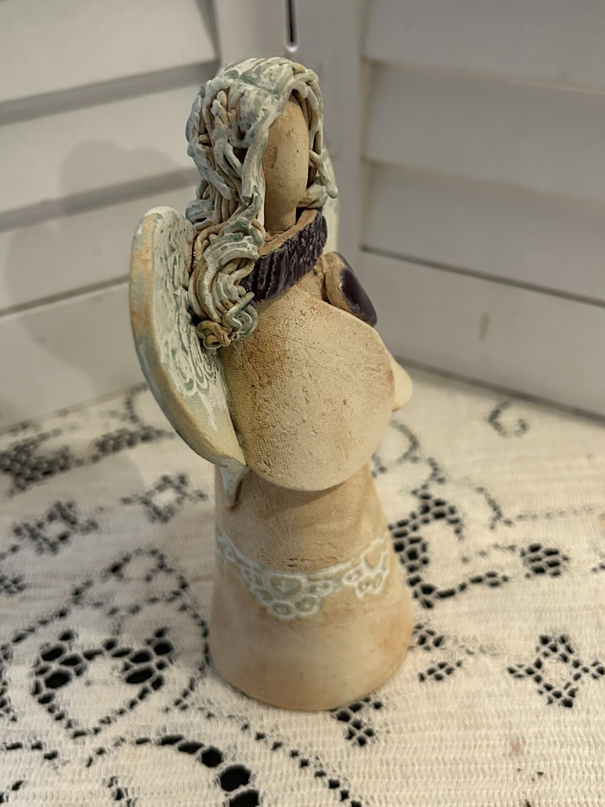 Pottery angel holding heart studio signed Olivia D Dowdy rustic North Carolina