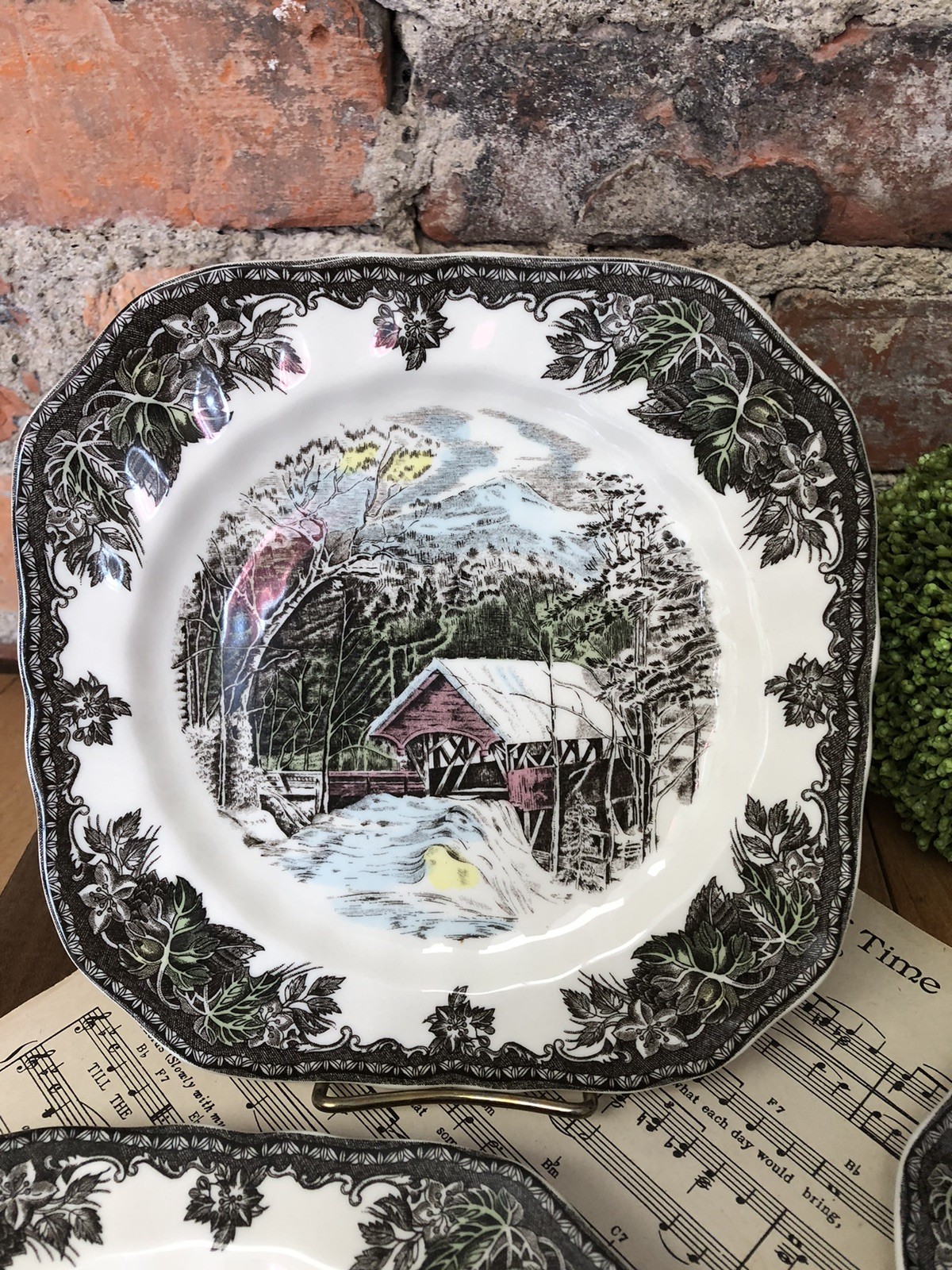 Johnson Bros The Friendly Village 4 Square Salad Plates 7.5″ Covered Bridge 1883