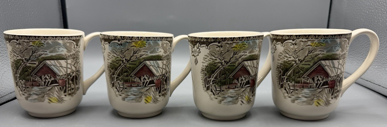 Set of 4 Johnson Brothers Friendly Village Covered Bridge 4″ Coffee Mugs England