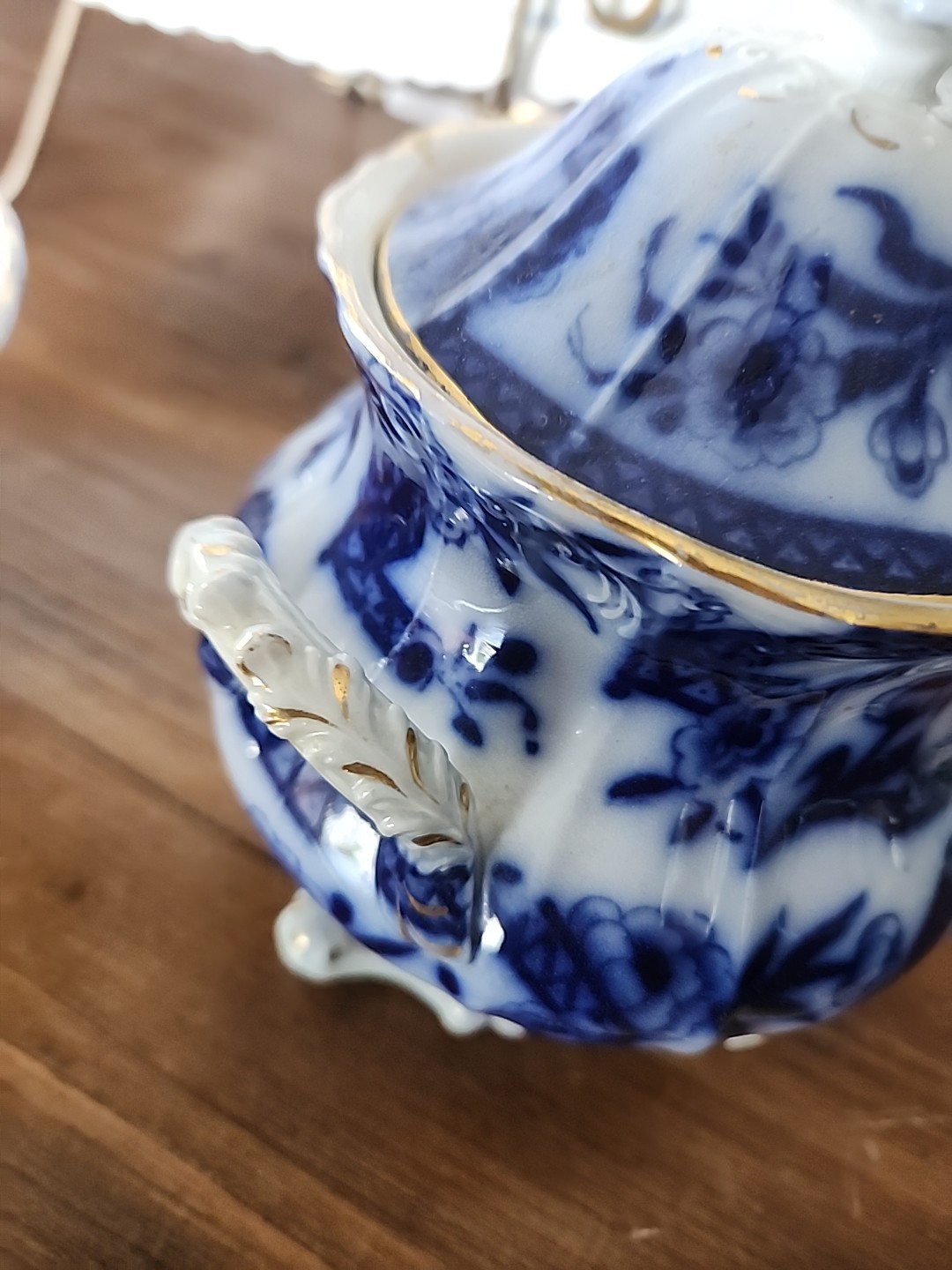 Rare Flow Blue Sugar Creamer And Bowl Trio Set Asian Motif Gold Band