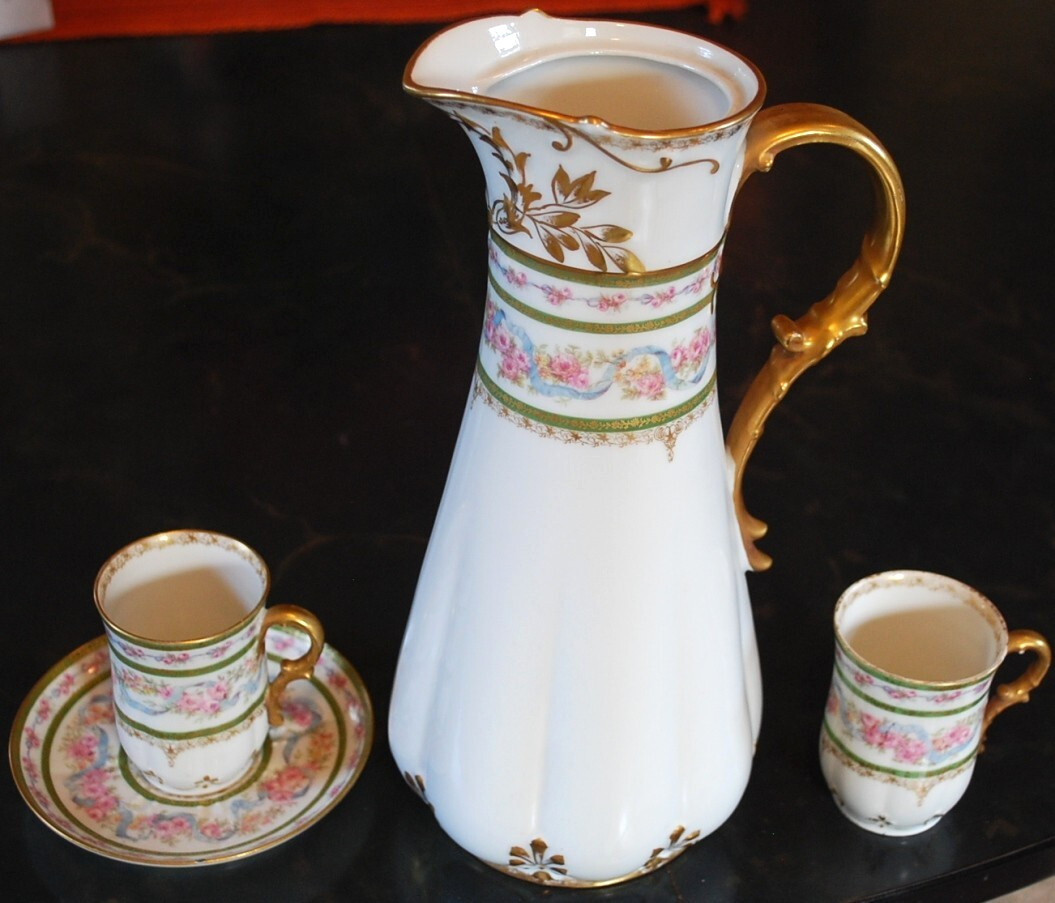 HAVILAND LIMOGES Antique Set CHARLES FIELD Chocolate Pot/ 2 Cups 1 Saucer FRANCE