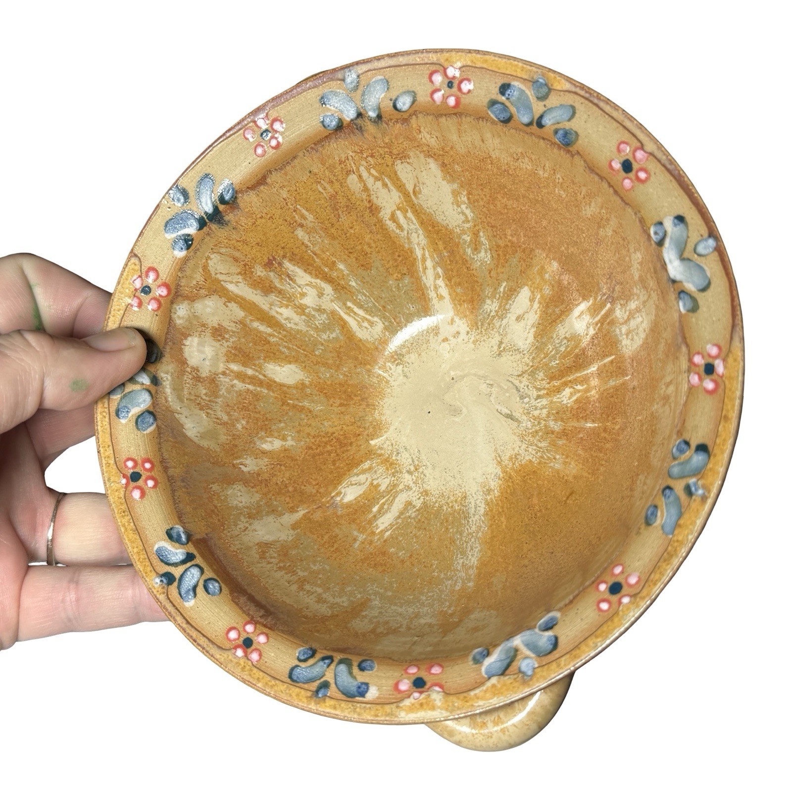 Handmade Earthenware Bowl Art Pottery Ceramic 6 1/2″ USA Handles Thin Floral