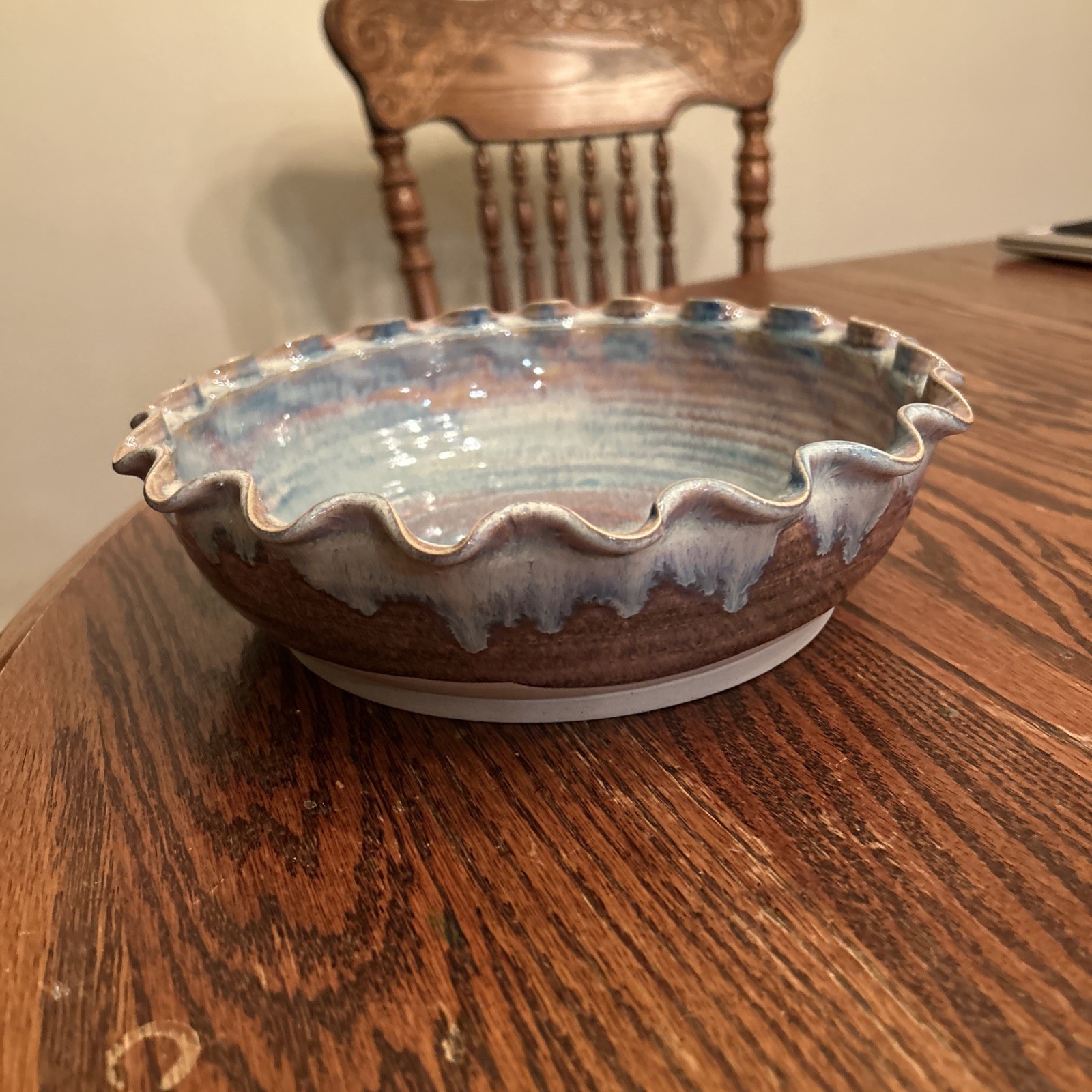 Studio Art Pottery Bowl 9.5″ Artist Signed “Hunt 5/88” Handcrafted Ruffle Edge