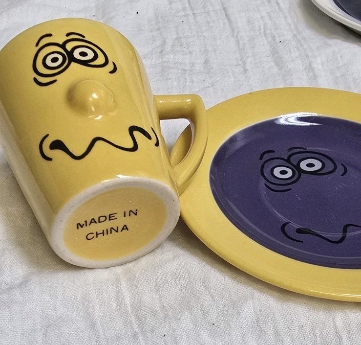 Funny Face Espresso Coffee Mugs With Matching Saucers Ceramic 2.50 Inches Taĺl